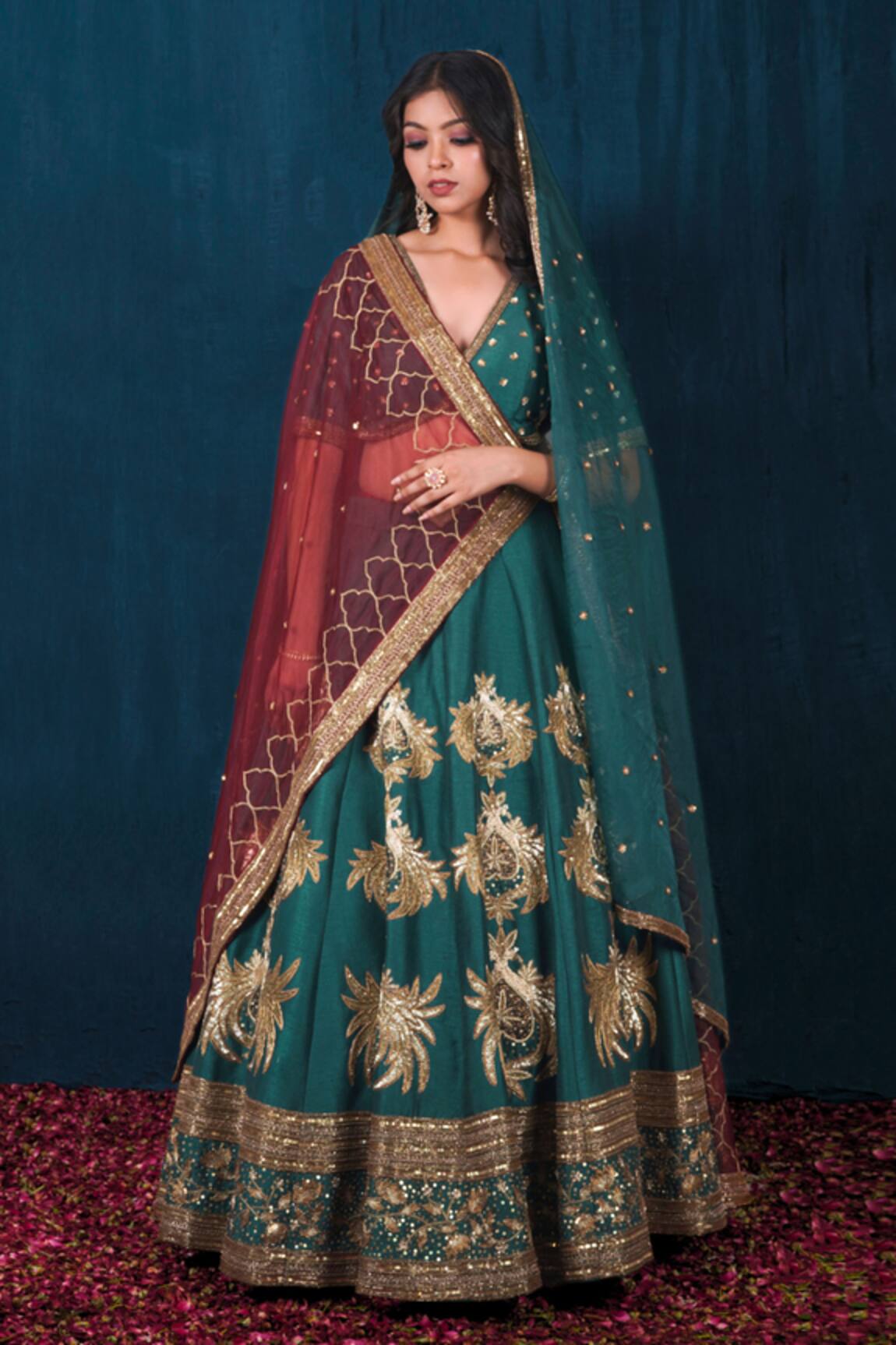 Saubhagya Green Embroidered Raw Silk Bridal Lehenga Set