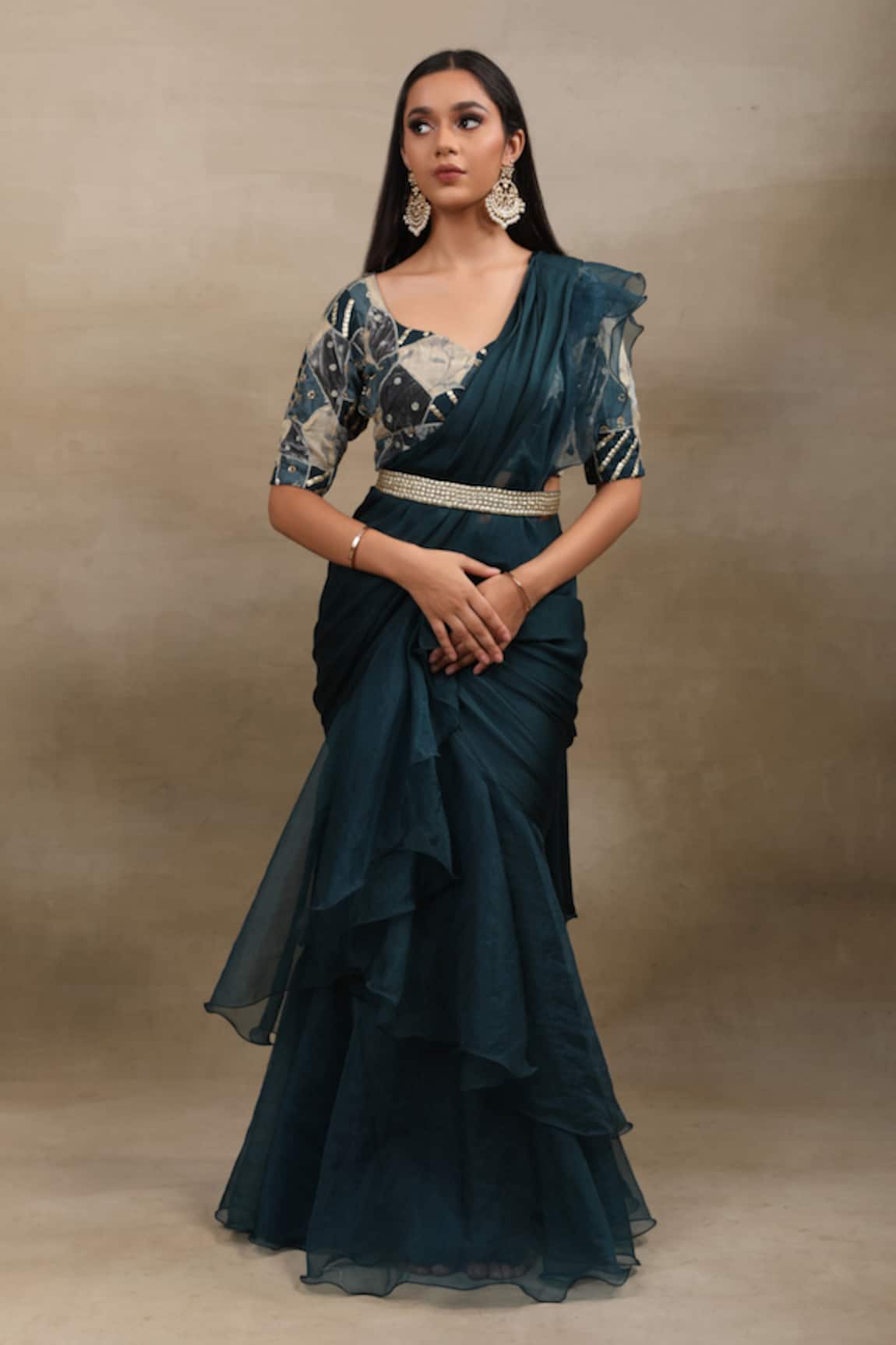 SAUBHAGYA Pre-Draped Ruffle Saree With Embroidered Blouse
