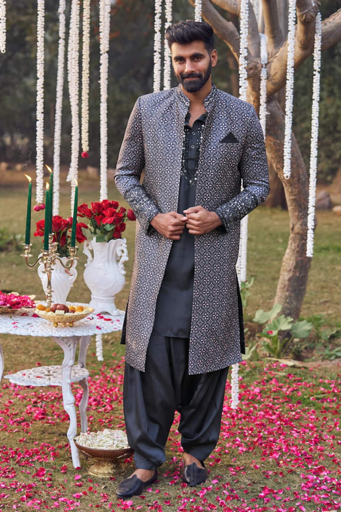 LASHKARAA Floral Print Sherwani With Embroidered Kurta Set