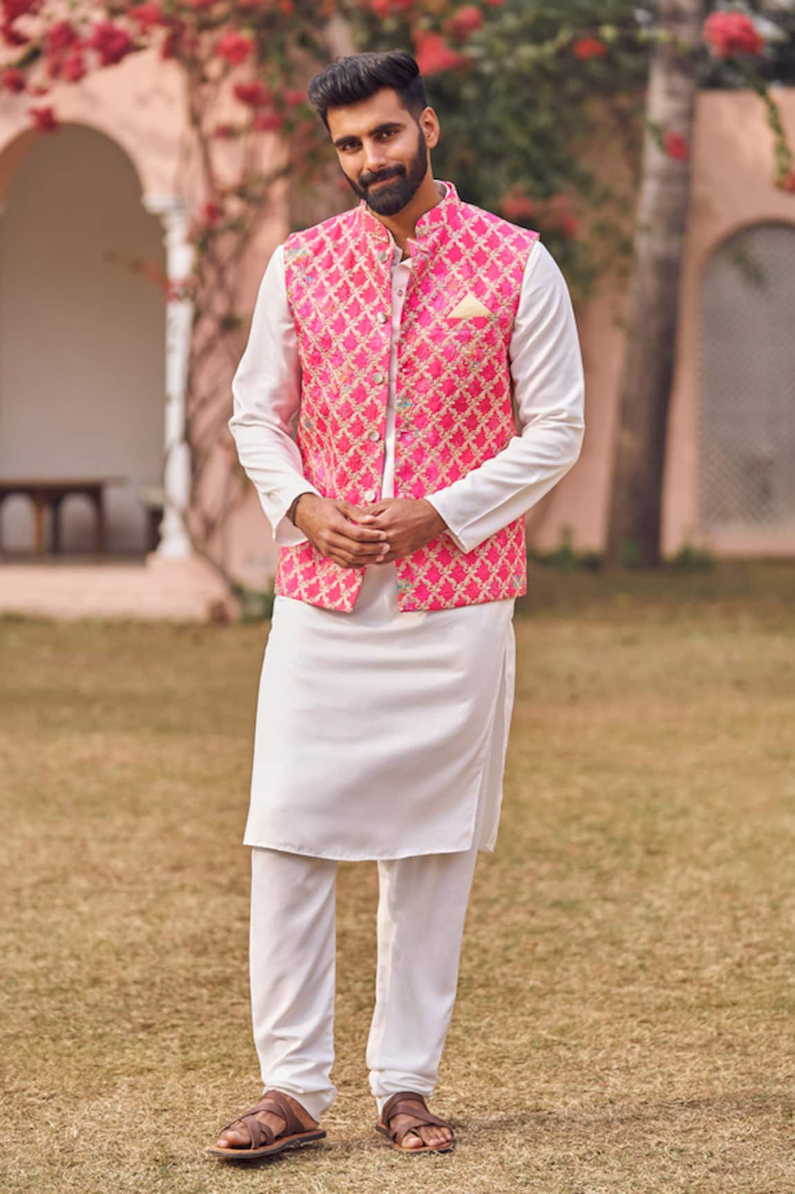 LASHKARAA Floral Jaal Embroidered Bundi Kurta Set