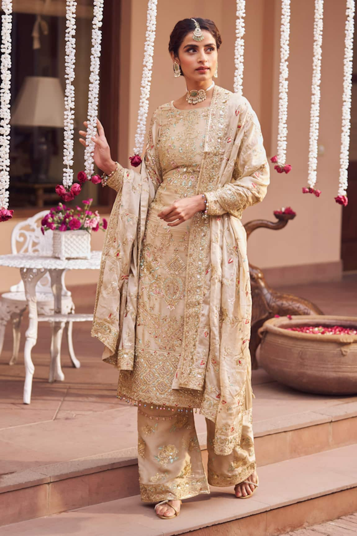 LASHKARAA Silk Flower Embroidered Kurta Pant Set