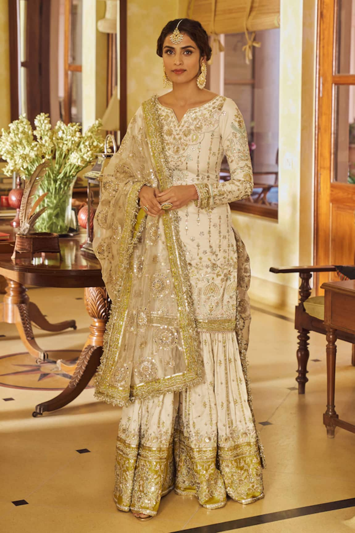 LASHKARAA Silk Flower Zari Embroidered Kurta Sharara Set