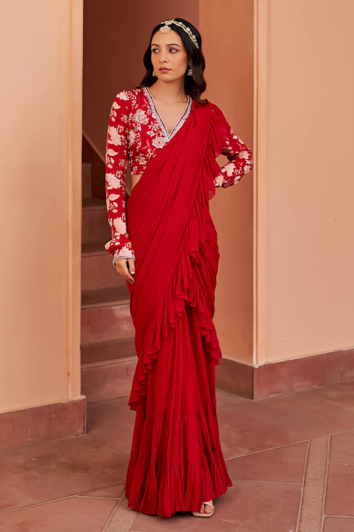 Chhavvi Aggarwal Solid Ruffle Pre-Draped Saree With Printed Blouse