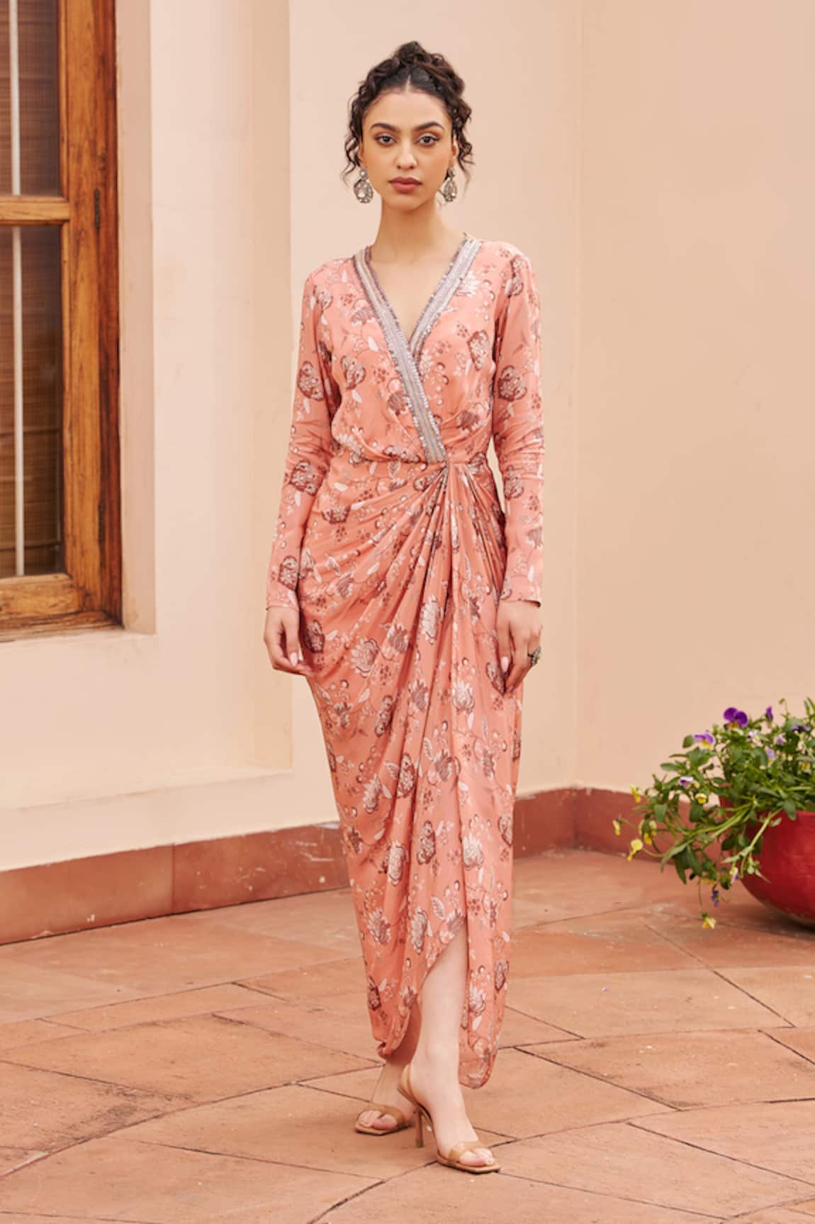 Chhavvi Aggarwal Floral Vine Print Draped Dress