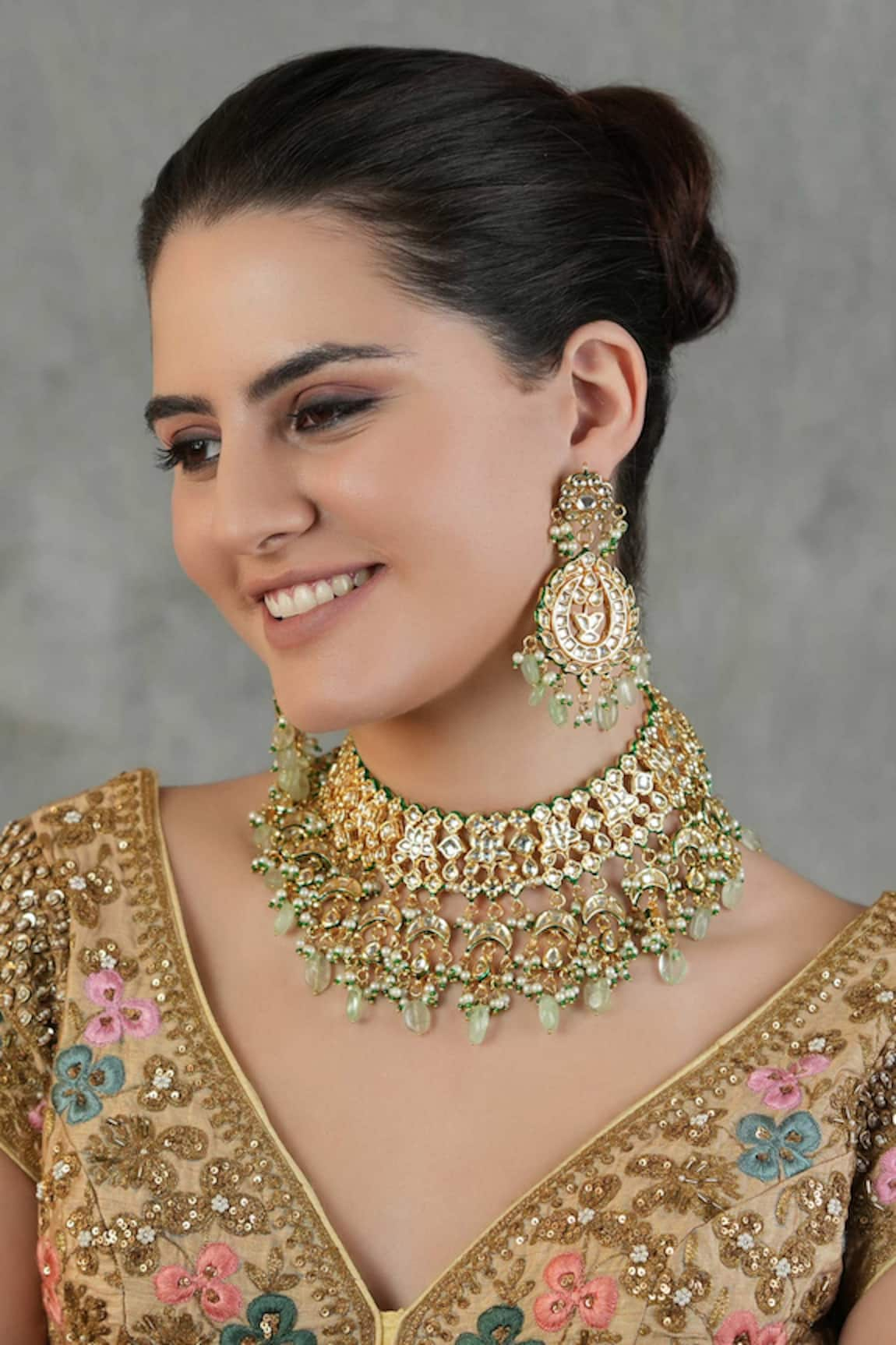 Chhavi's Jewels Crescent Crest Kundan & Polki Studded Jewellery Set