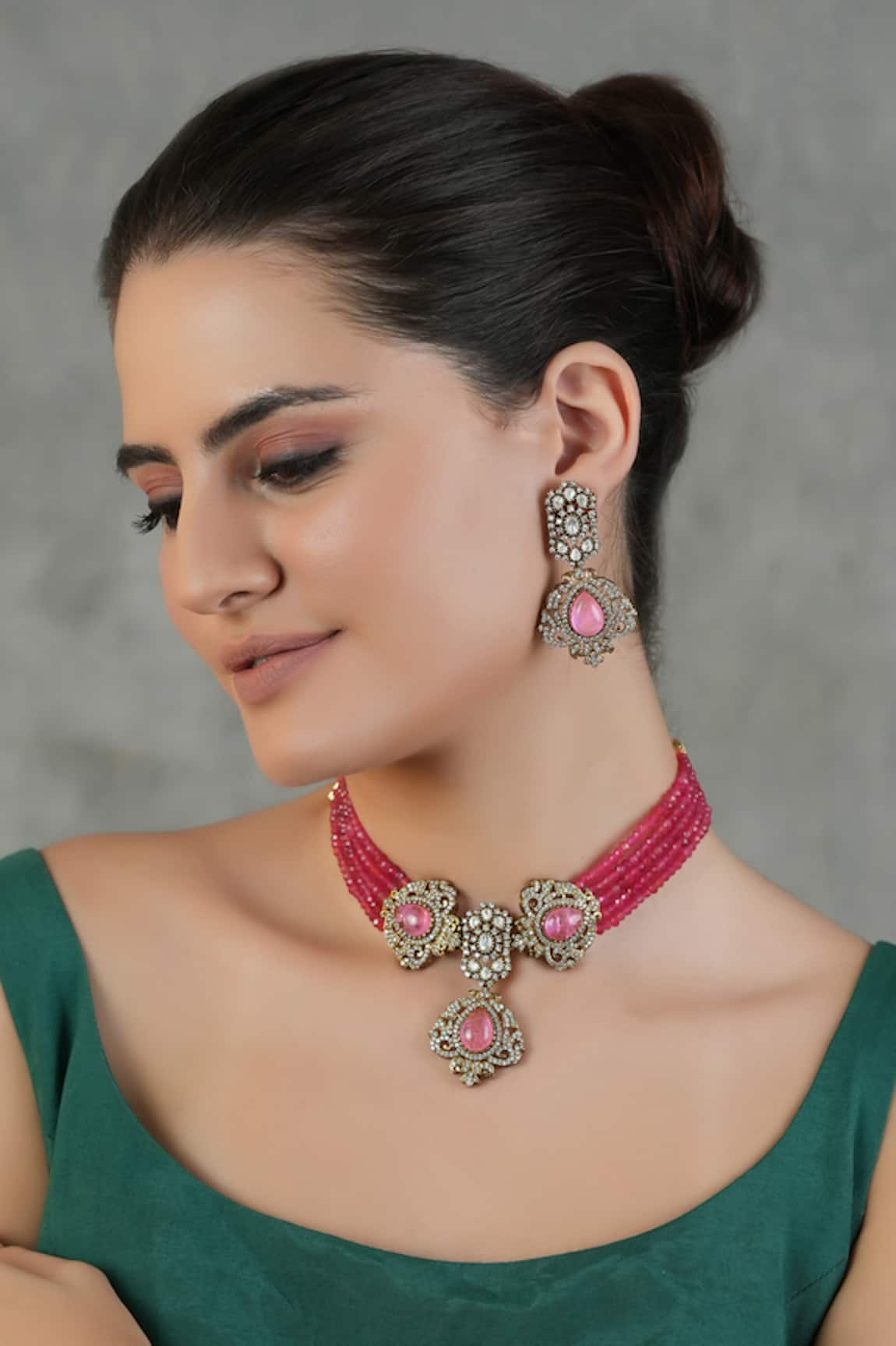 Chhavi's Jewels Damask Rose Quartz Embellished Jewellery Set