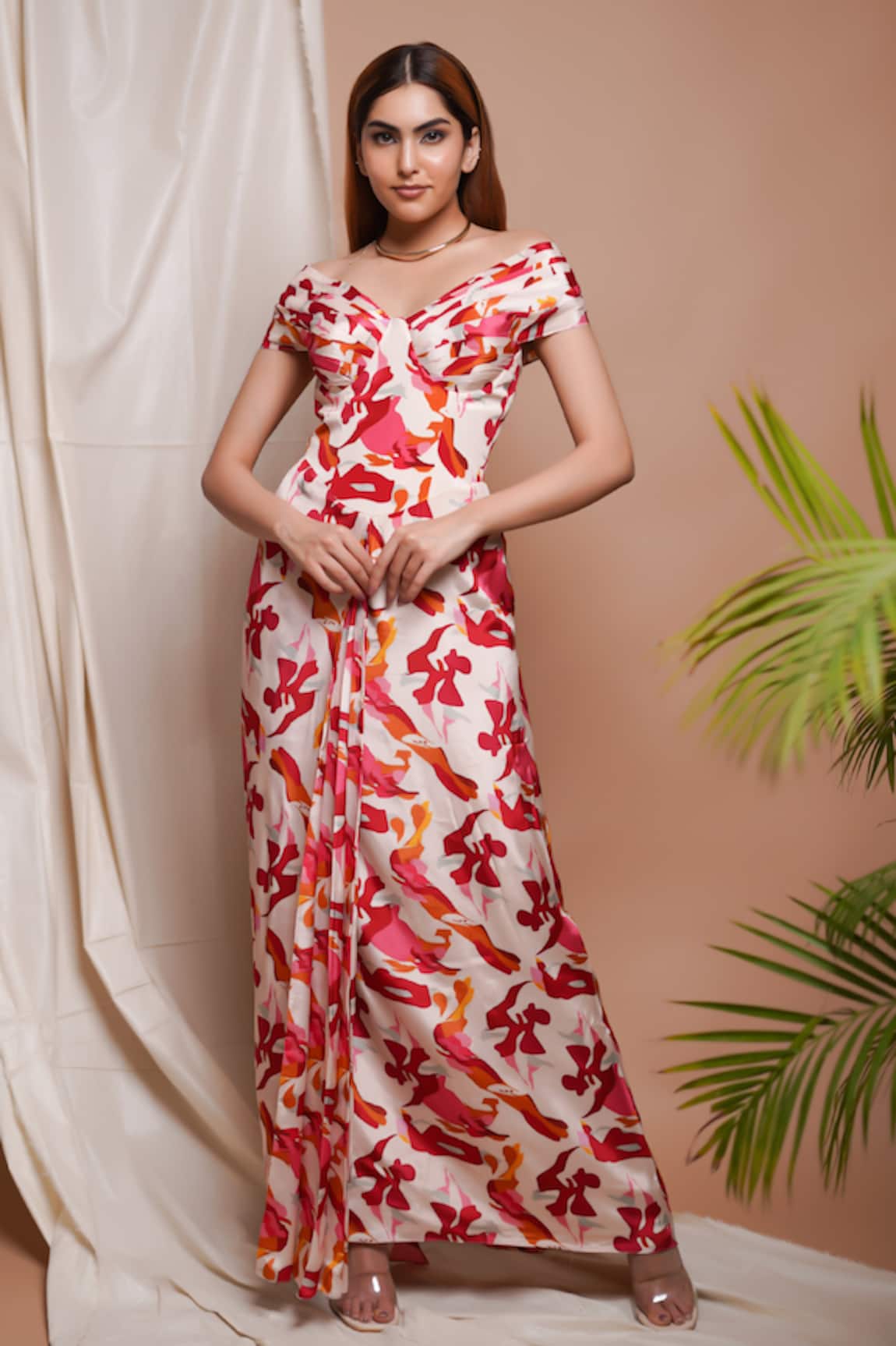Ahi Clothing Ambrosia Print Off Shoulder Corset Draped Dress