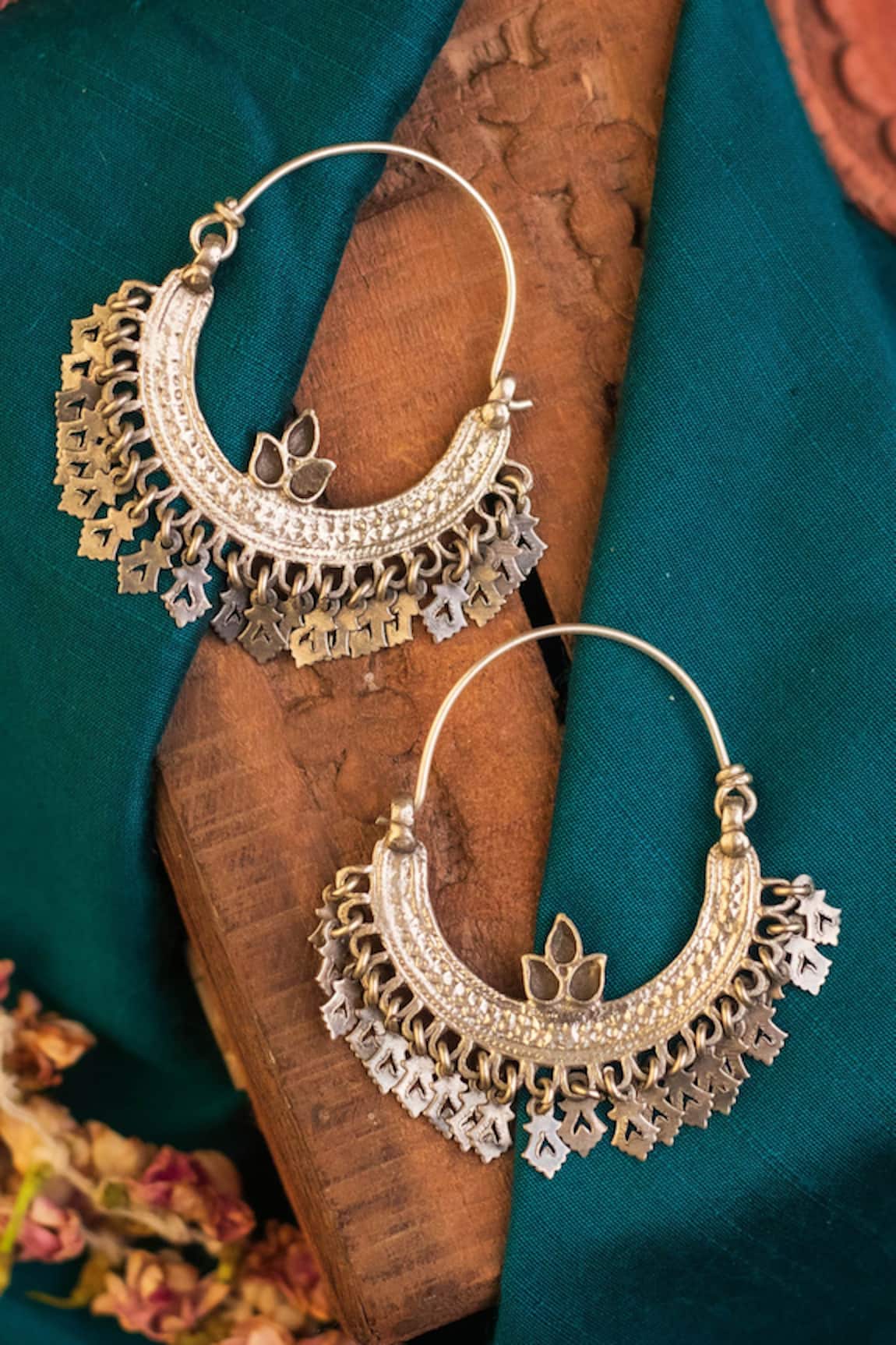 Mero Jewellery Silver Floral Tasselled Chandbali Hoops 