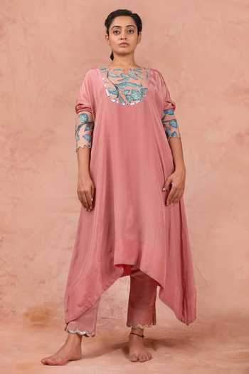 Aamra By Lavanya Kalamkari Hand Painted Asymmetric Kaftan With Pant
