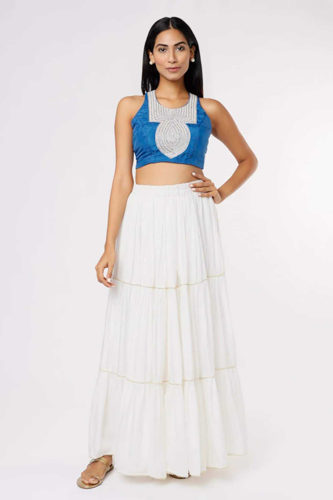 Yuvrani Jaipur Pearl Embroidered Top With Tiered Skirt