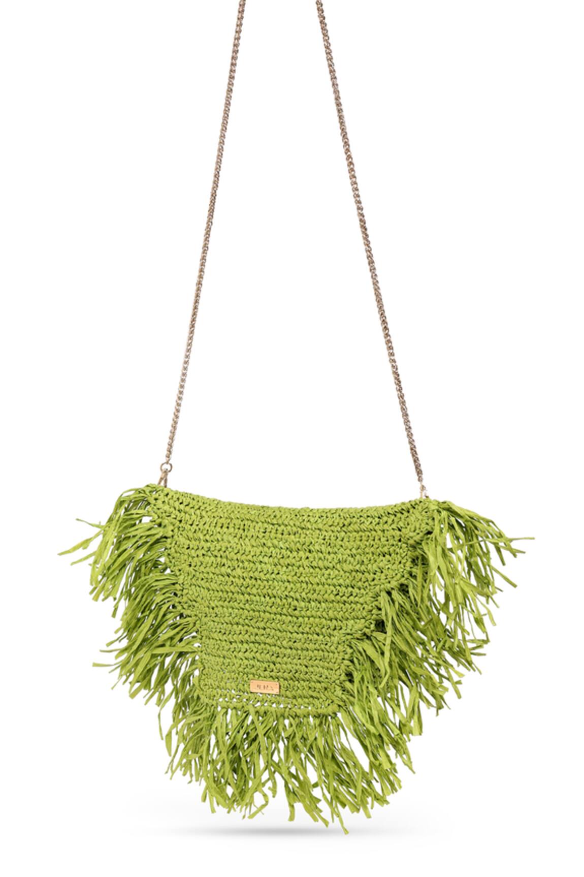 Jena Green Raffia Moon Tassel Work Bag 