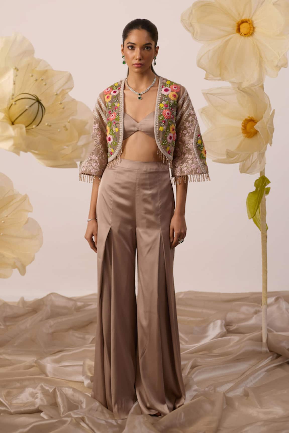 Roqa Bletilla Resham Bloom Embroidered Cape Sharara Pant Set