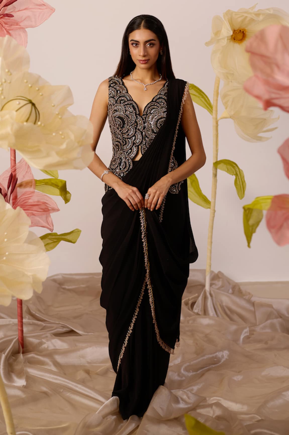 Roqa Camellia Embroidered Jacket Blouse With Pre-Draped Saree