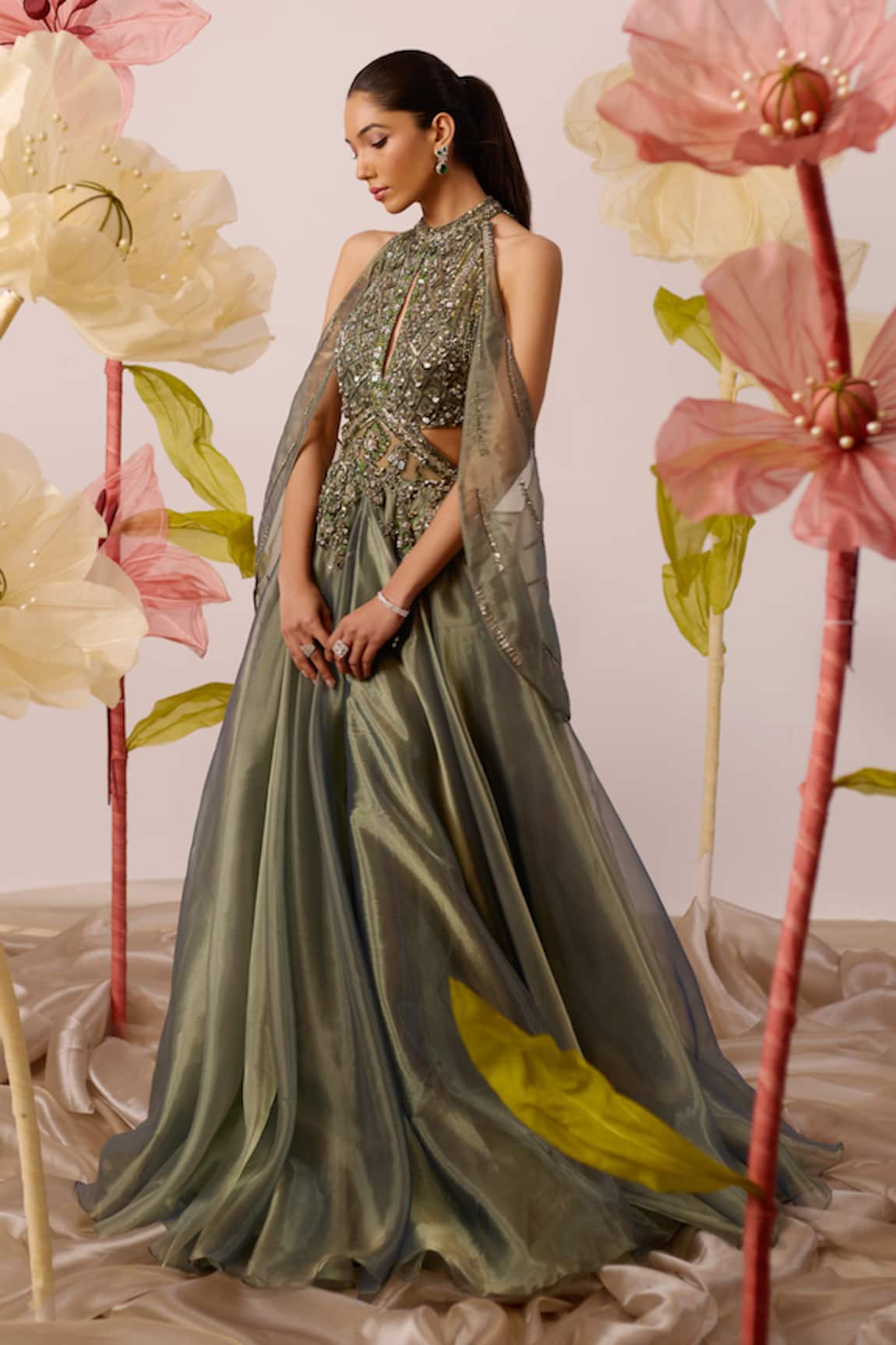 Roqa Juniper Sequin Meadow Embroidered Gown With Detachable Cape