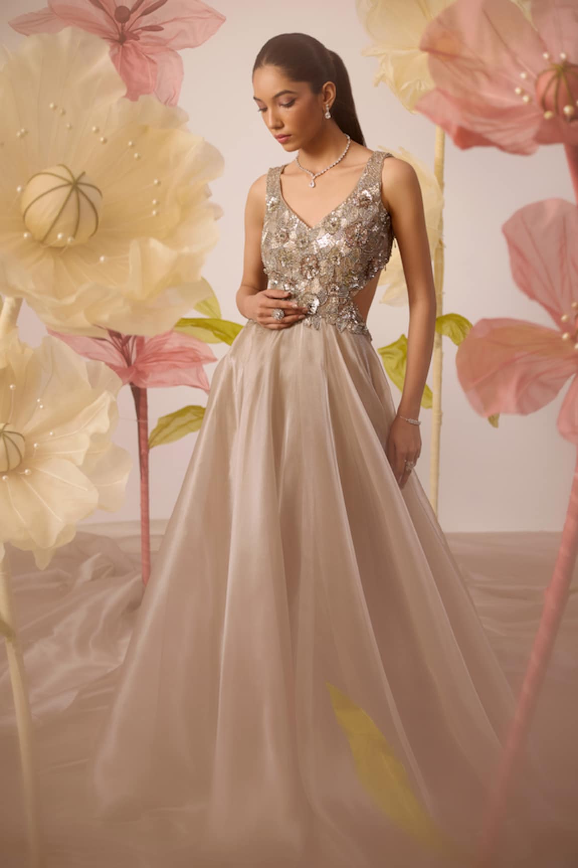 Roqa Orchid Bloom Sequin Embroidered Gown