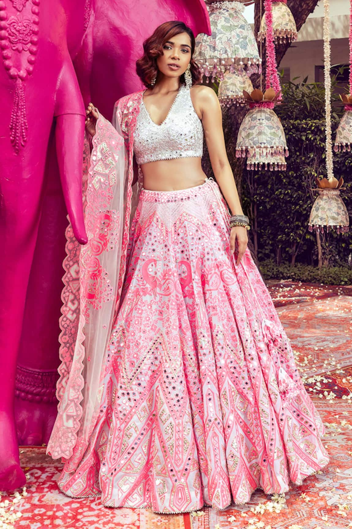 Mayyur Girotra Couture Peacock Thread Embroidered Bridal Lehenga Set