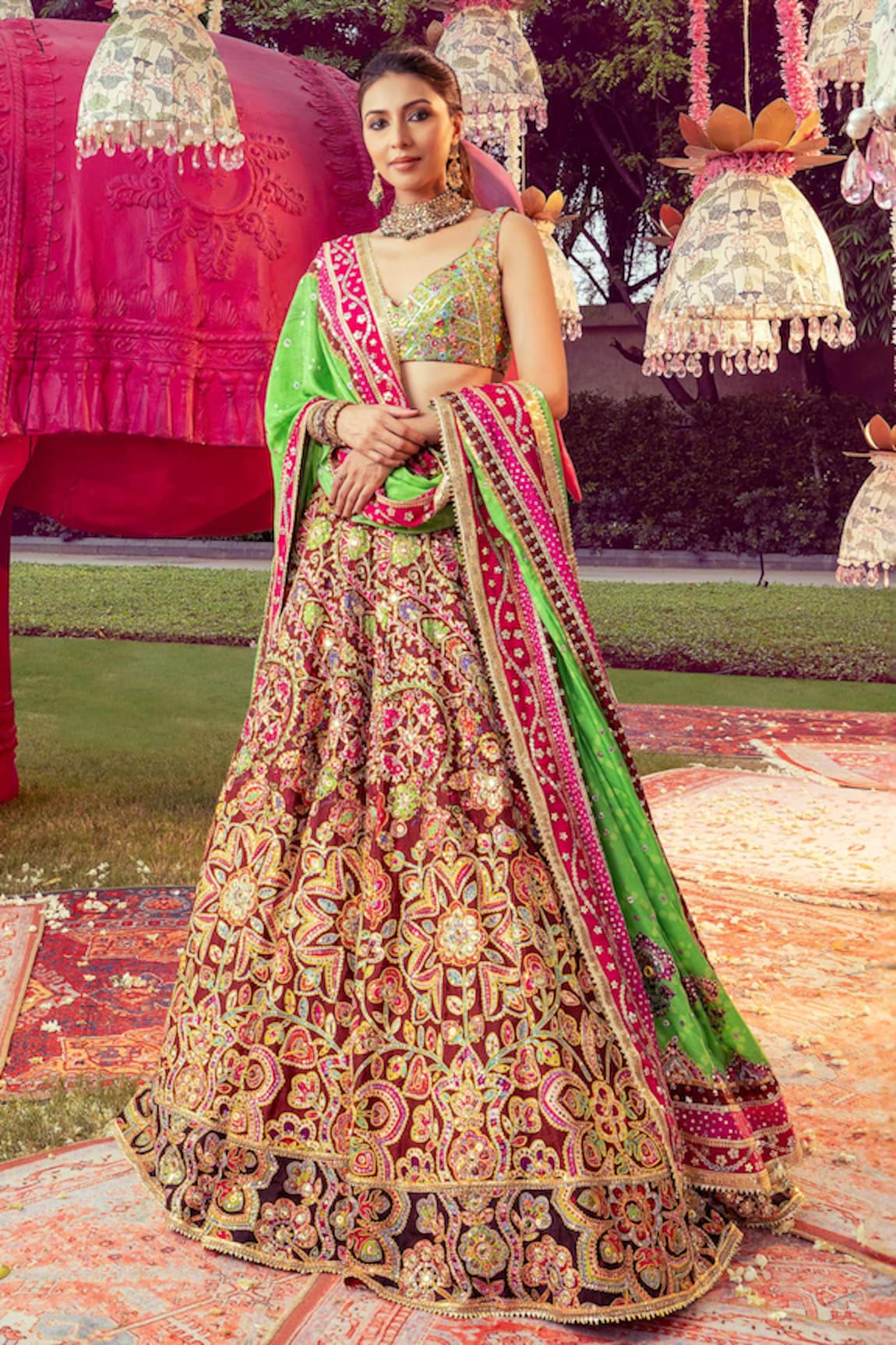 Mayyur Girotra Couture Silk Floral Bridal Lehenga Set