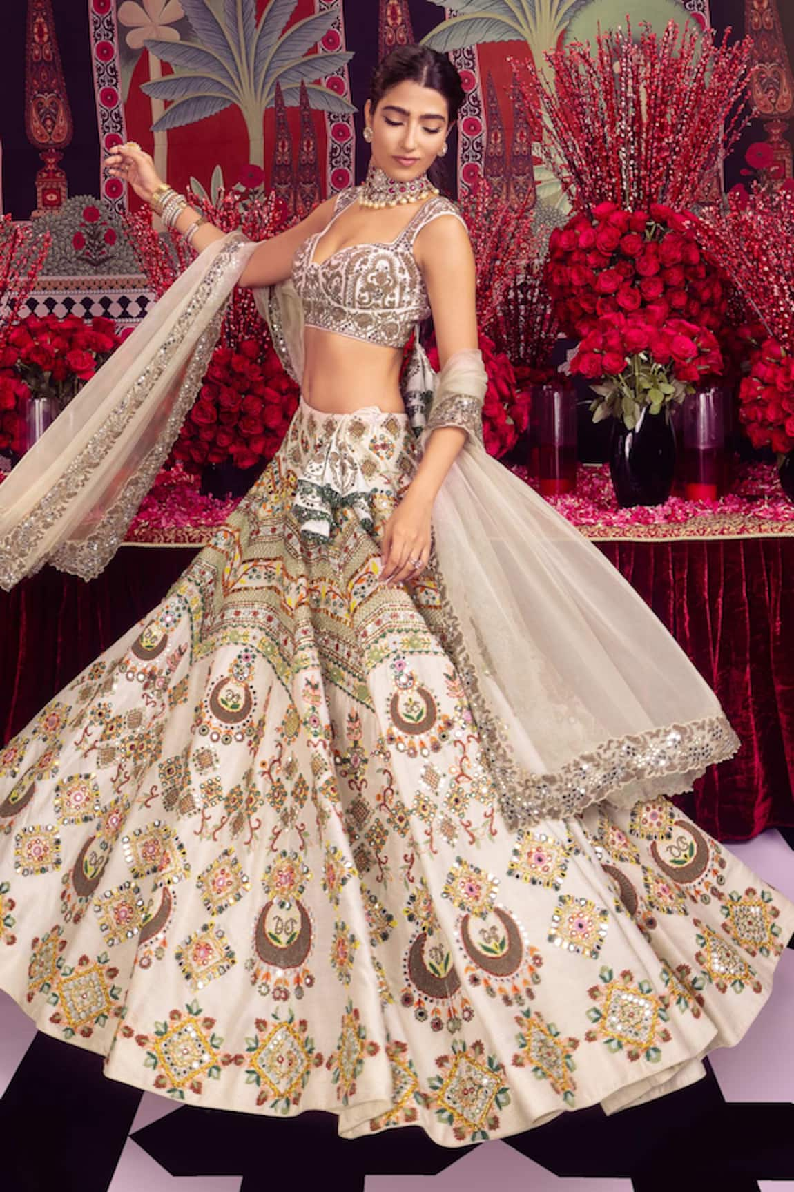 Mayyur Girotra Couture Floral Tread Embroidered Bridal Lehenga Set