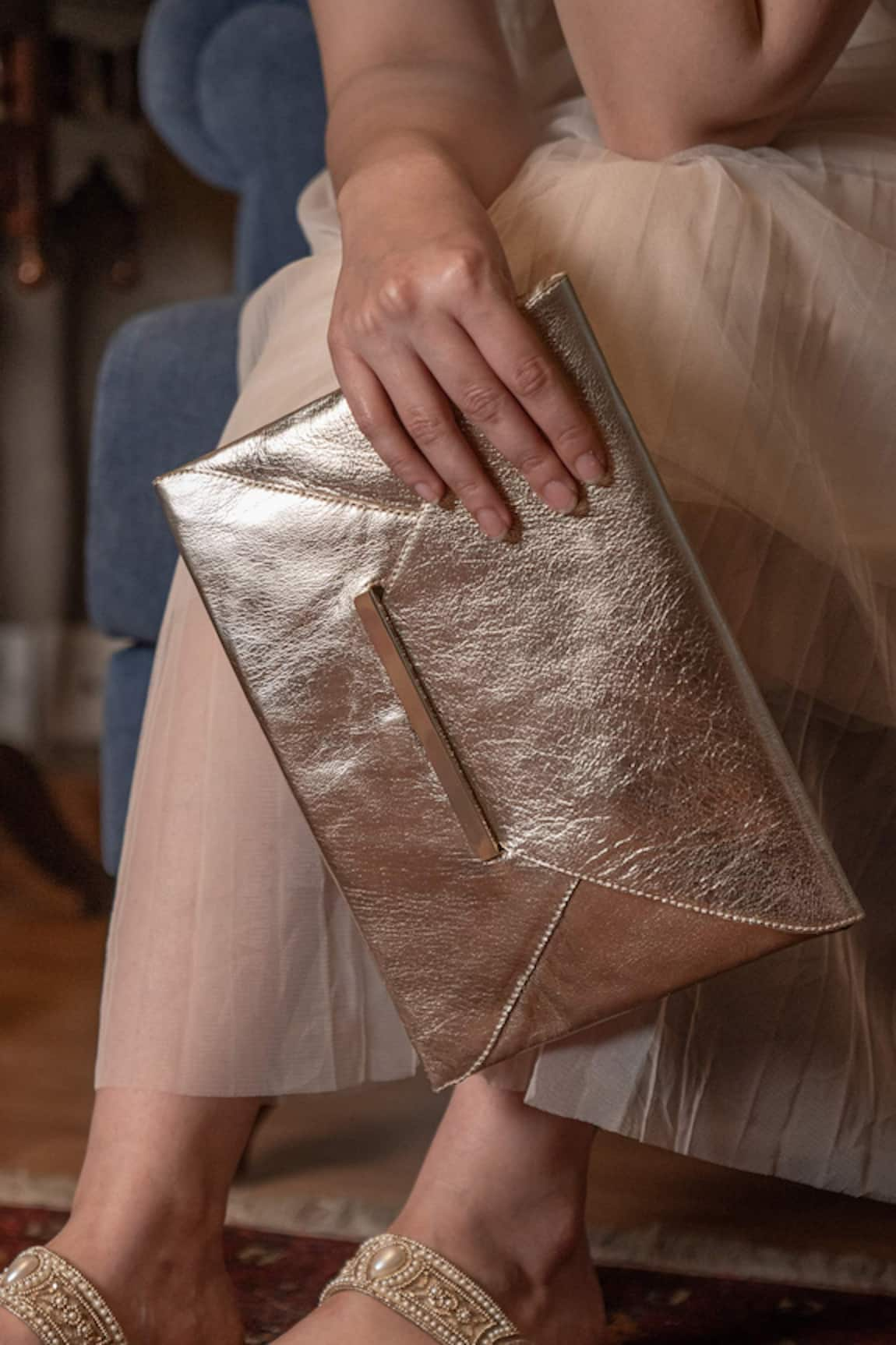 Sandalwali Uma Metallic Leather Envelope Clutch