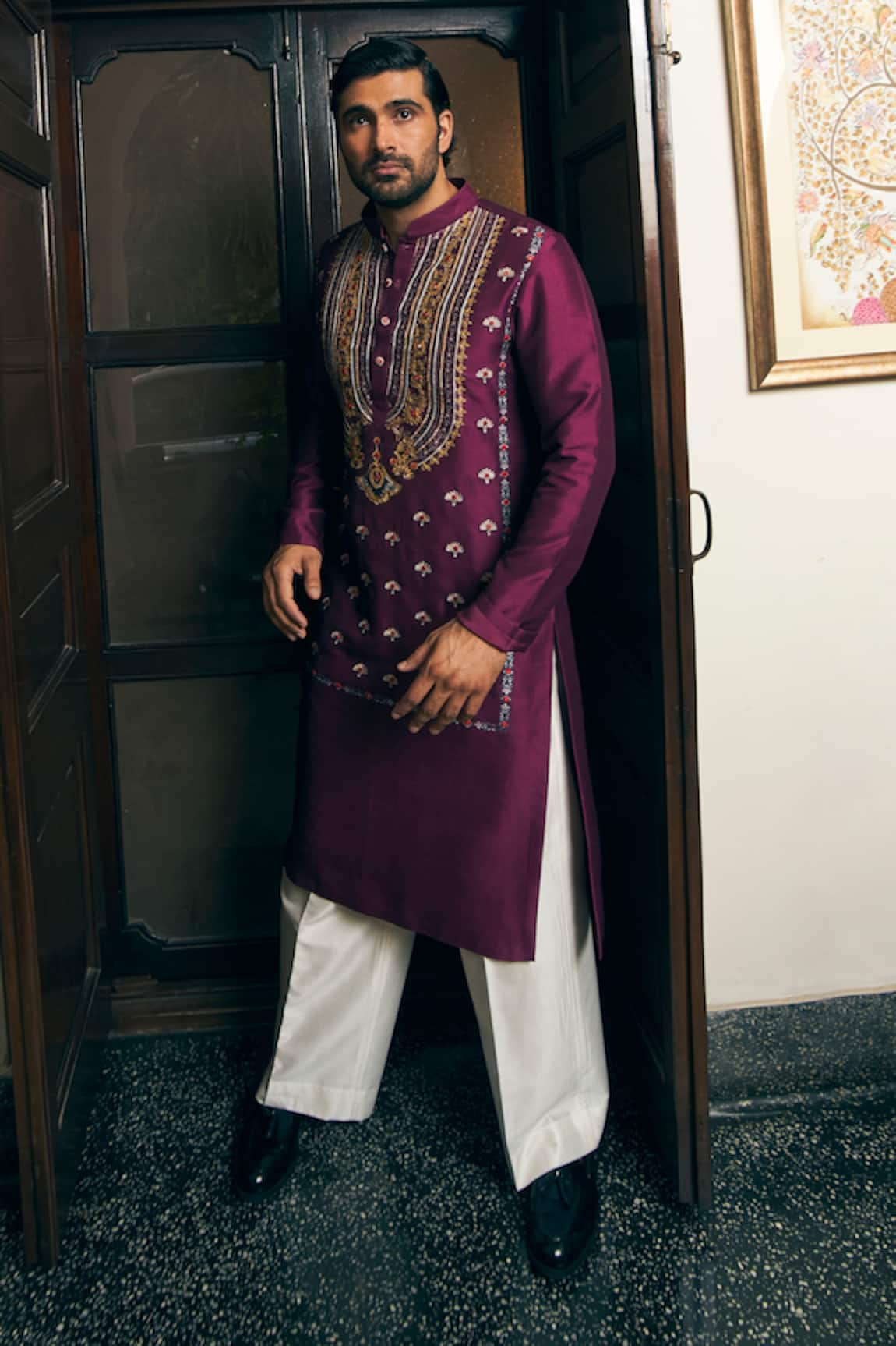 Mayyur Girotra Couture Floral Embroidered Silk Kurta & Pant Set