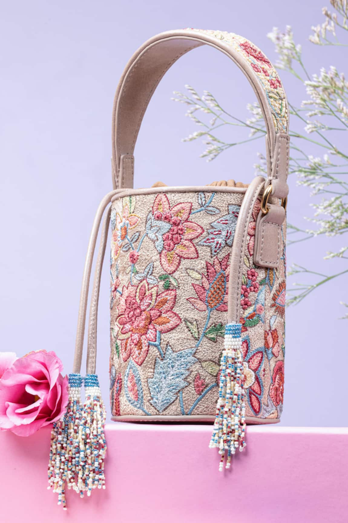 The Leather Garden Statice Embroidered Bucket Bag