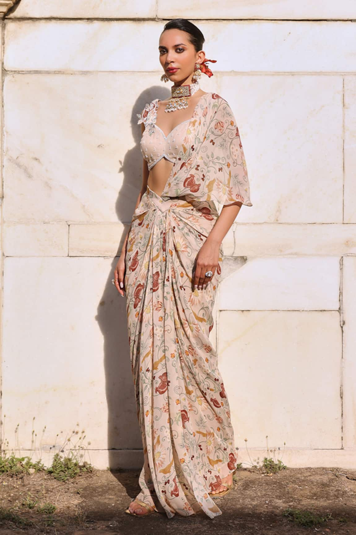 Seema Thukral Siya Floral Print Pre-Draped Saree With Blouse