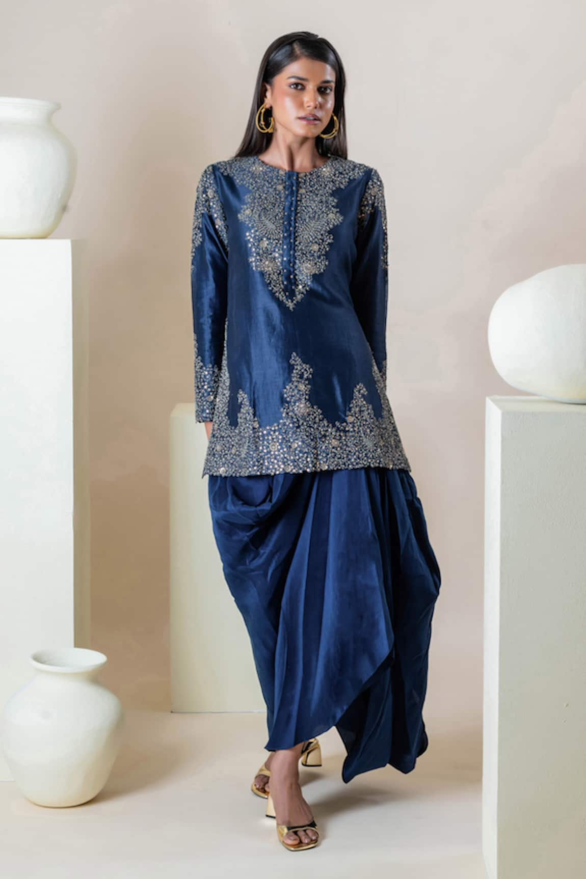 Oshi By Shikha Sequin Embroidered Short Kurta & Draped Skirt Set