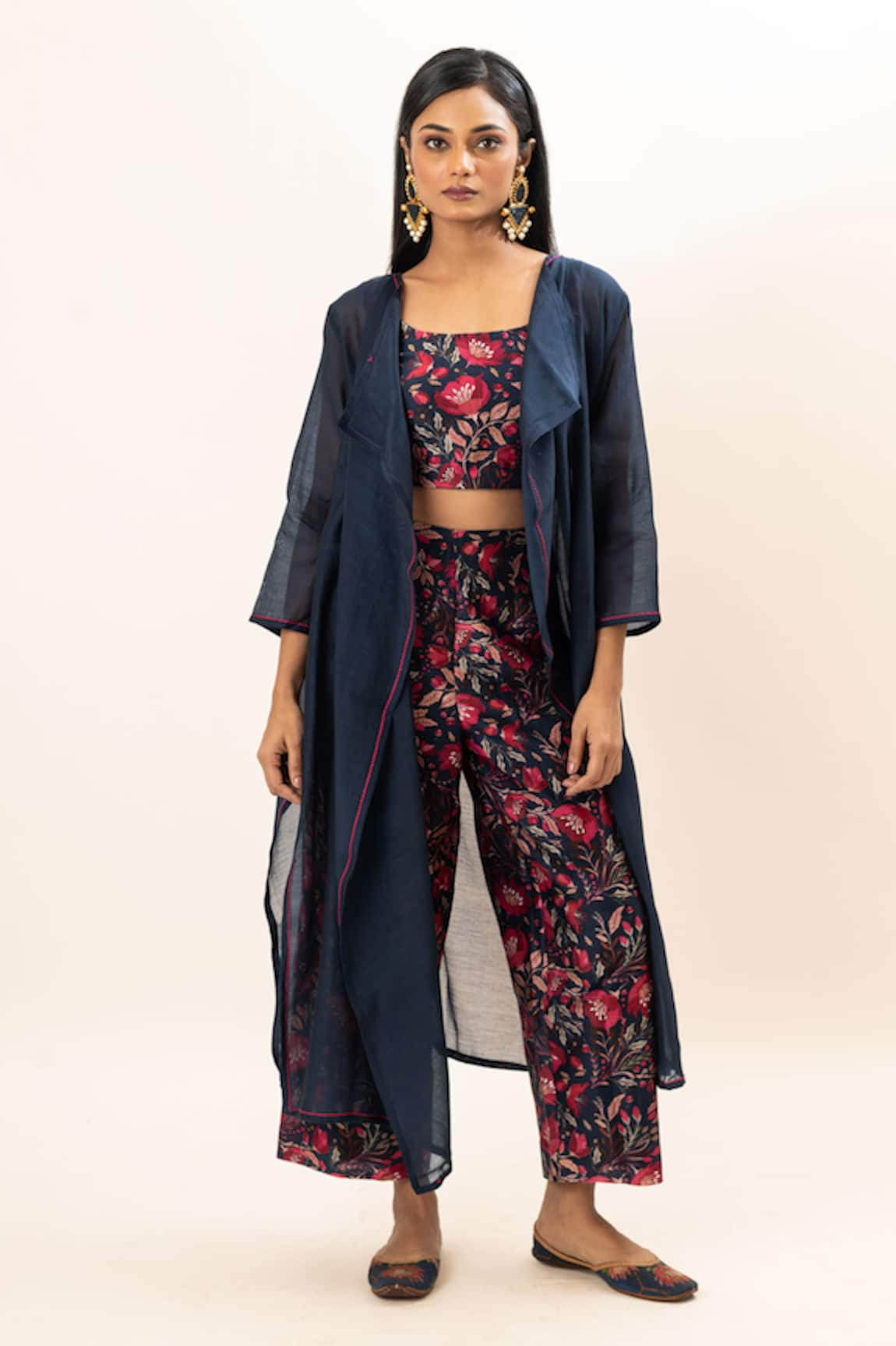 Oshi By Shikha Longline Jacket Floral Print Pant Set