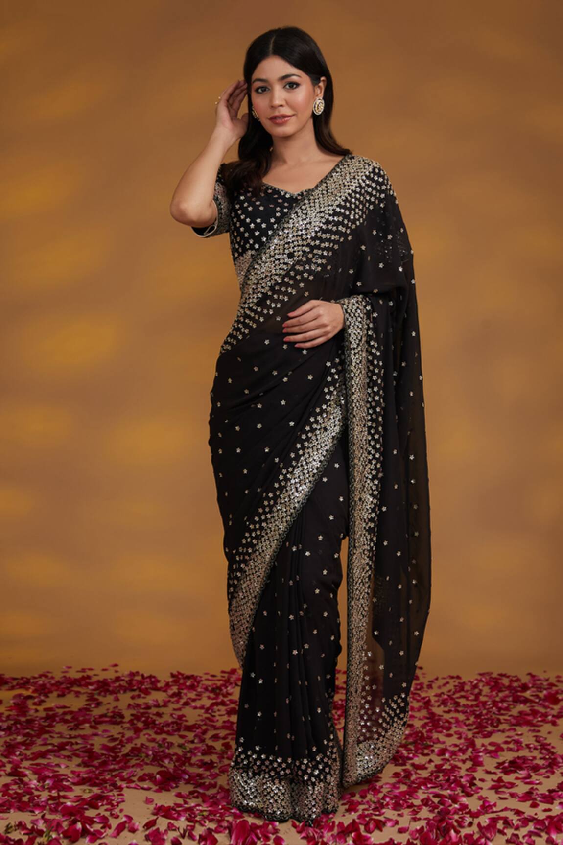 House Of Supriya Floral Sequin Embroidered Saree With Blouse 