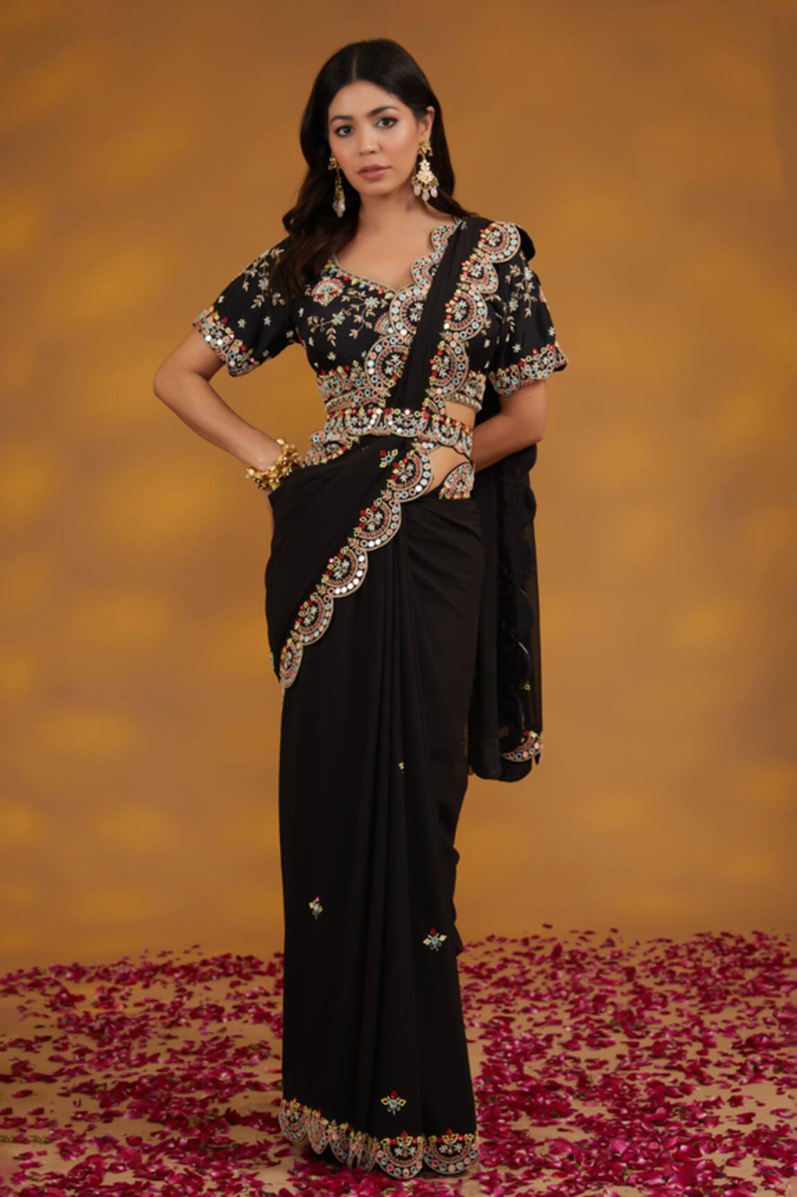 House Of Supriya Floral Embroidered Scalloped Saree With Blouse 