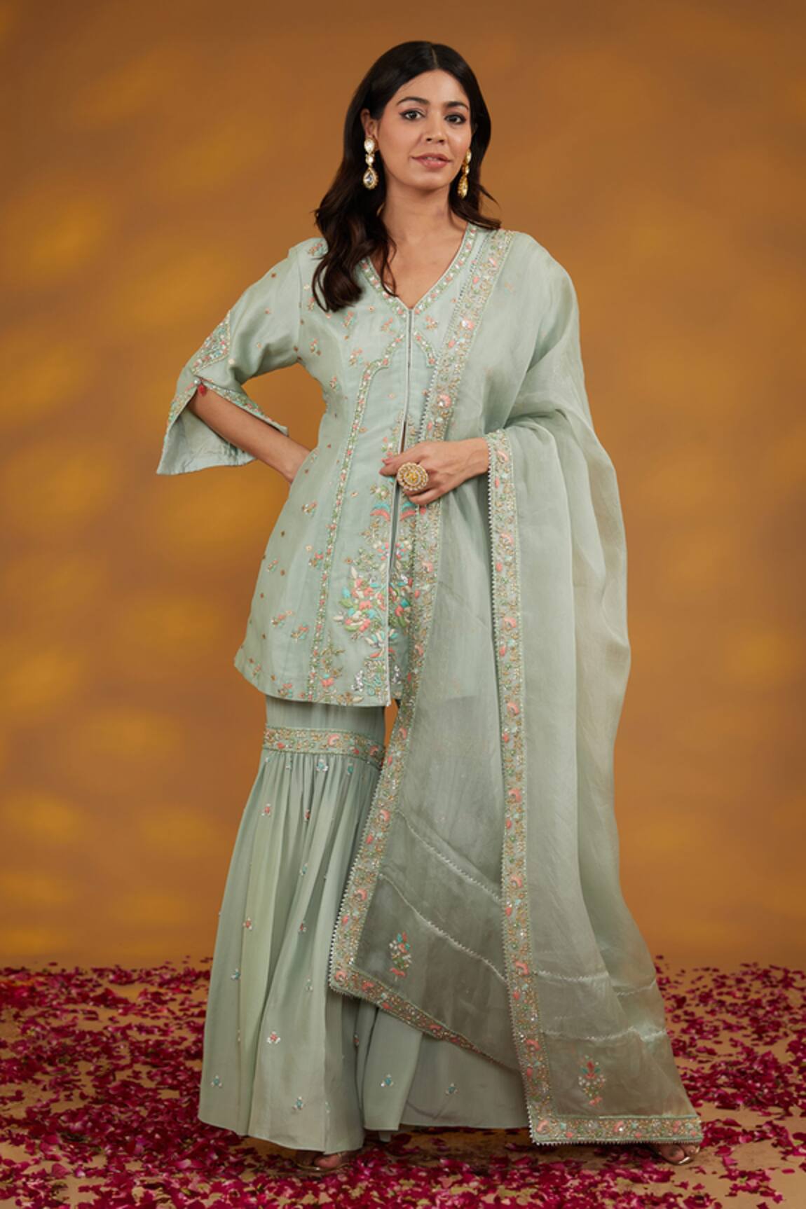 House Of Supriya Gardenia Zardozi Embroidered Kurta Sharara Set 