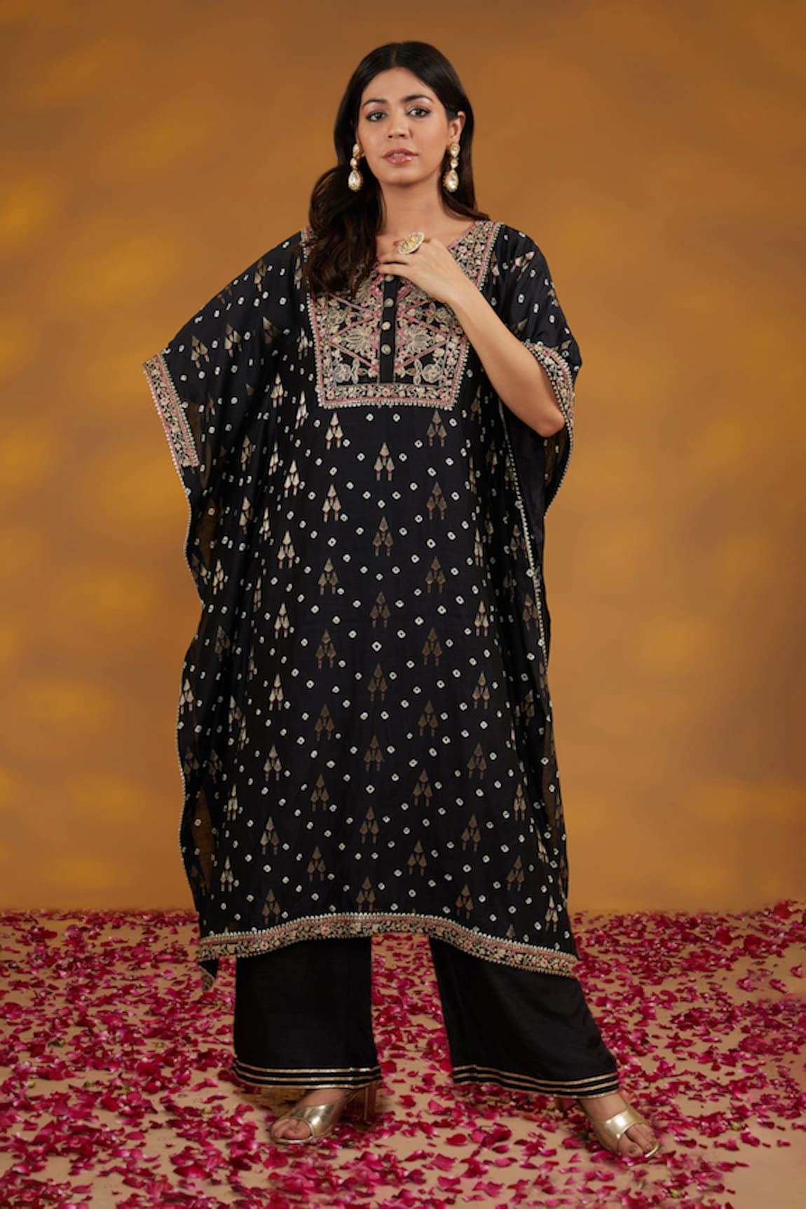 HOUSE OF SUPRIYA Bandhej Pattern Kaftan Kurta & Flared Pant Set