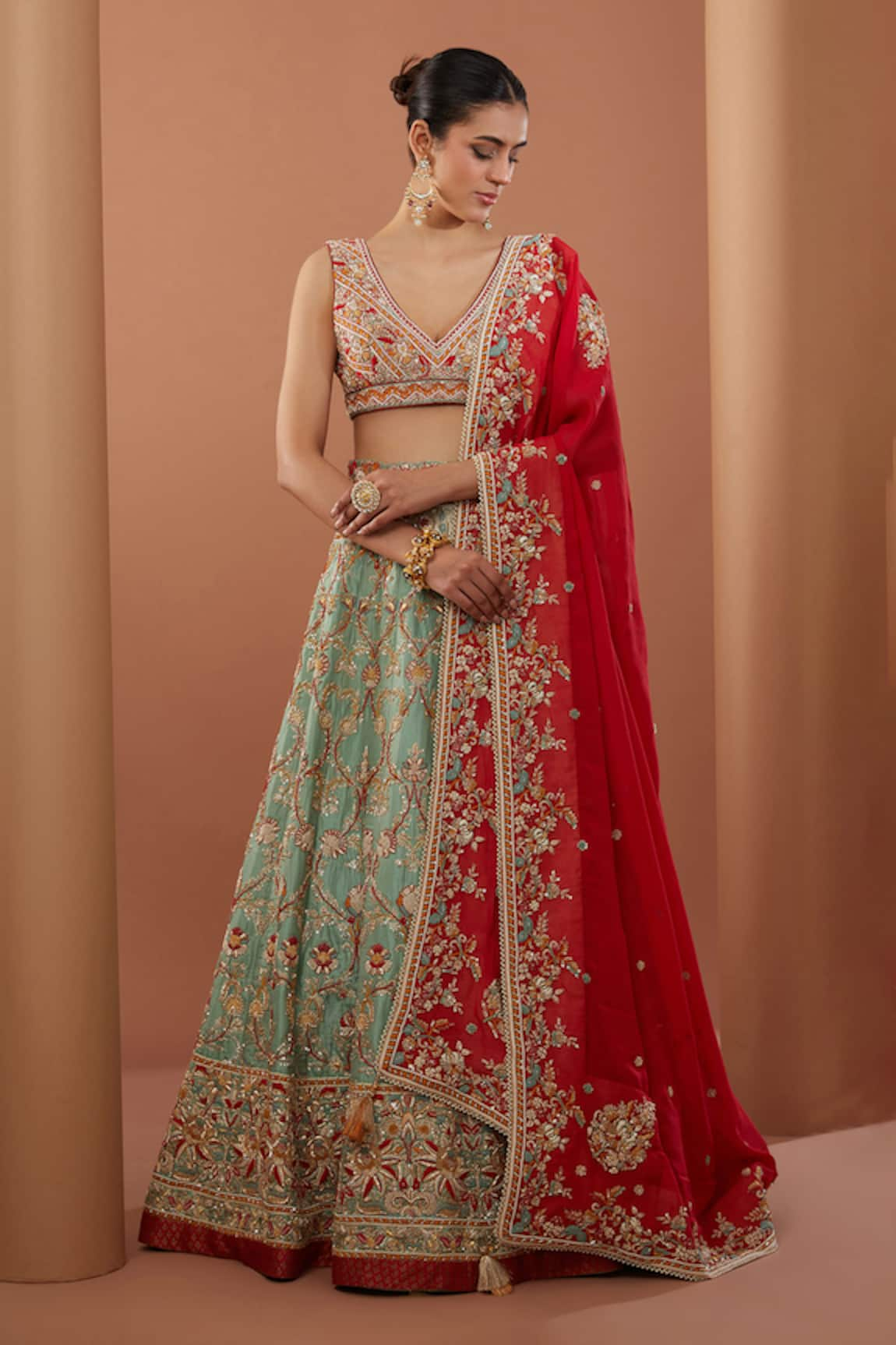 HOUSE OF SUPRIYA Raw Silk Mughal Embroidered Bridal Lehenga Set