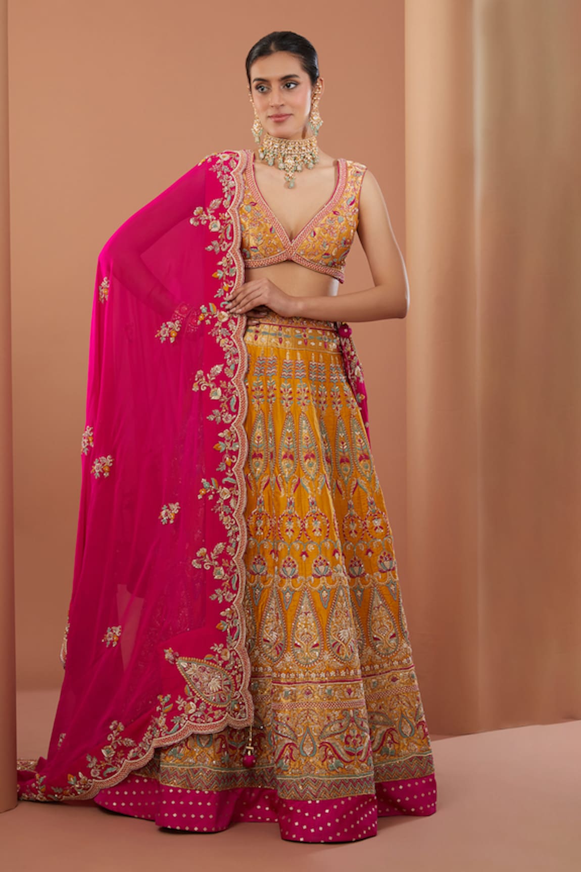 HOUSE OF SUPRIYA Raw Silk Floral Embroidered Bridal Lehenga Set