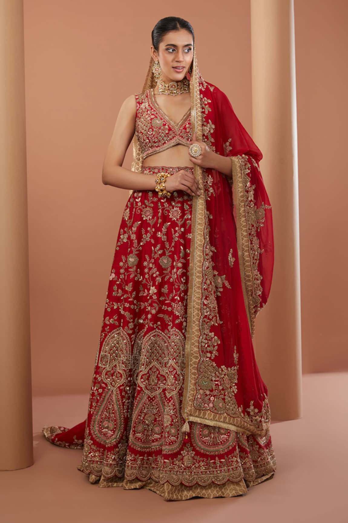 HOUSE OF SUPRIYA Raw Silk Flower Embroidered Bridal Lehenga Set