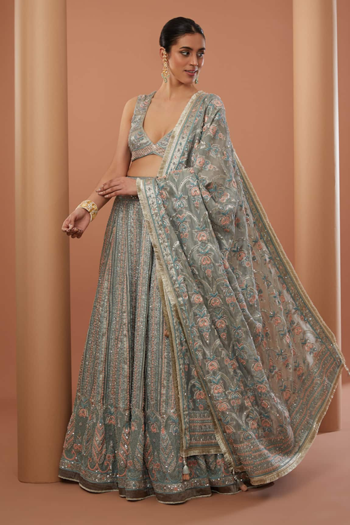 HOUSE OF SUPRIYA Stripe Embroidered Lehenga Set