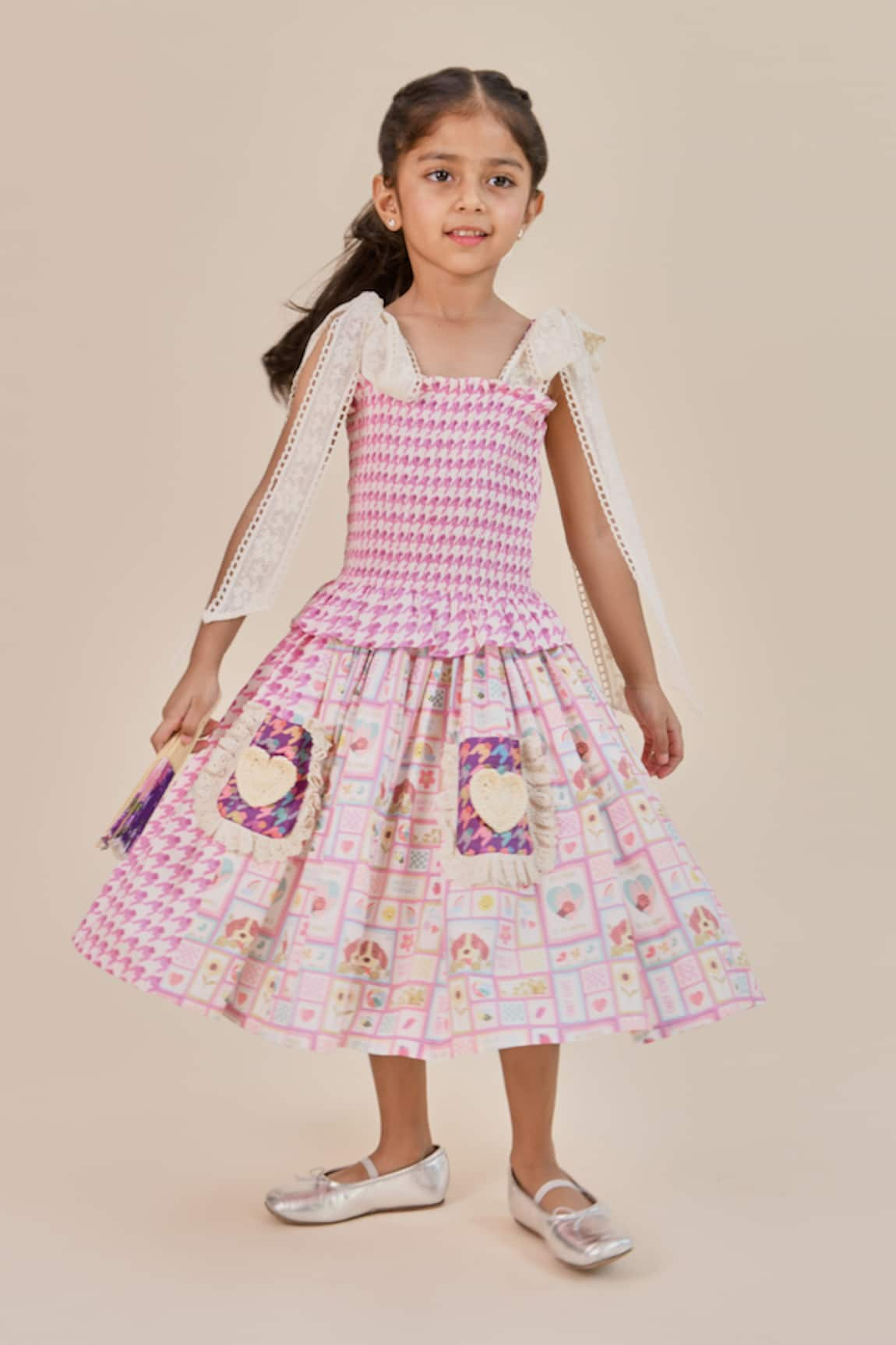 Little Shiro Bella Cute Motif & Houndstooth Print Dress