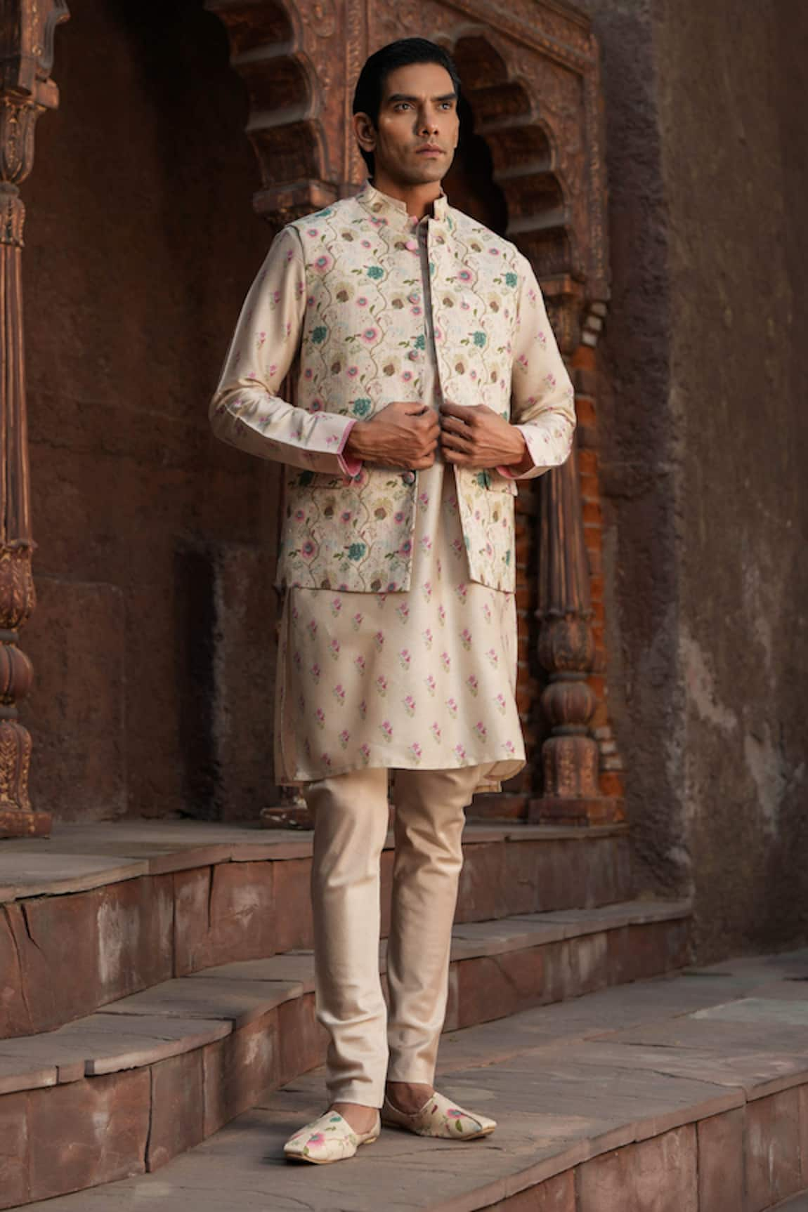 Label Niti Bothra Silk Chanderi Floral Print Bundi & Kurta Set