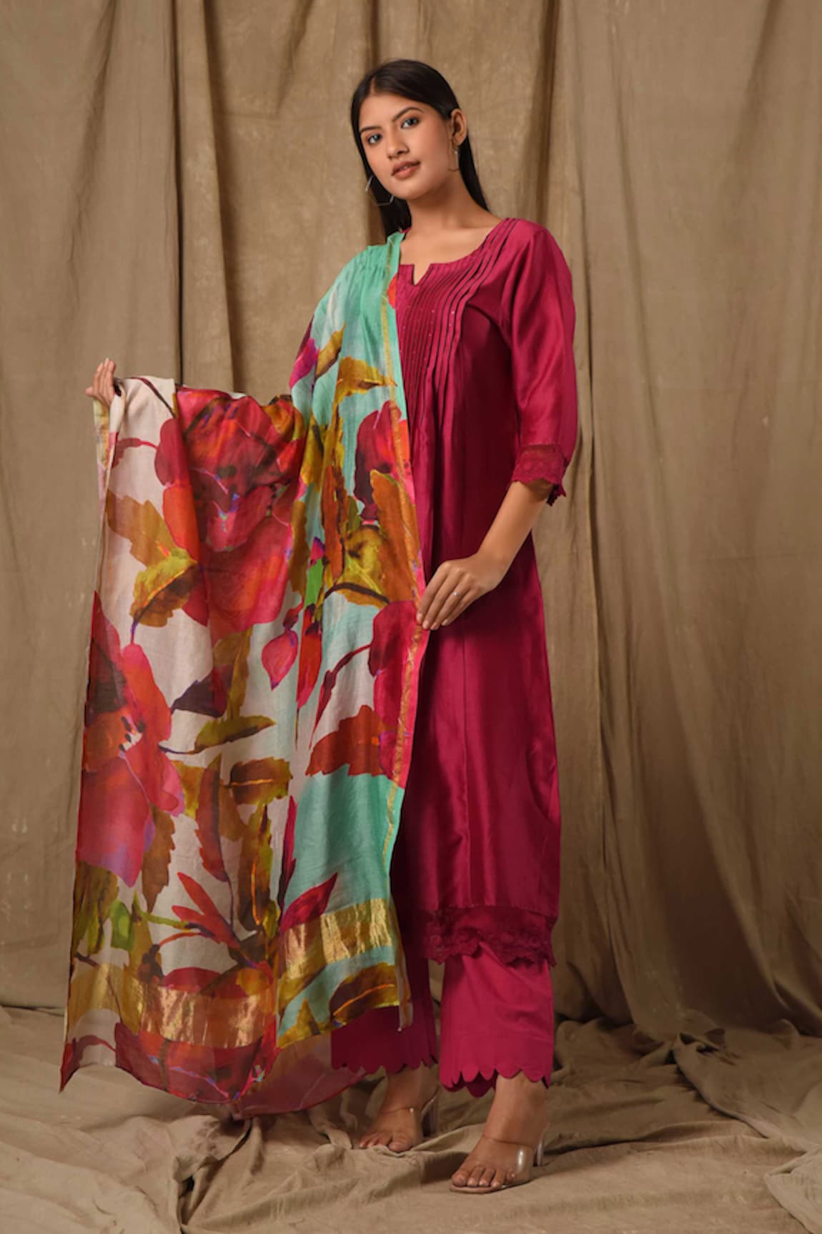 Gulabik Jaipur Sequin Work Pintucked Yoke Kurta Set