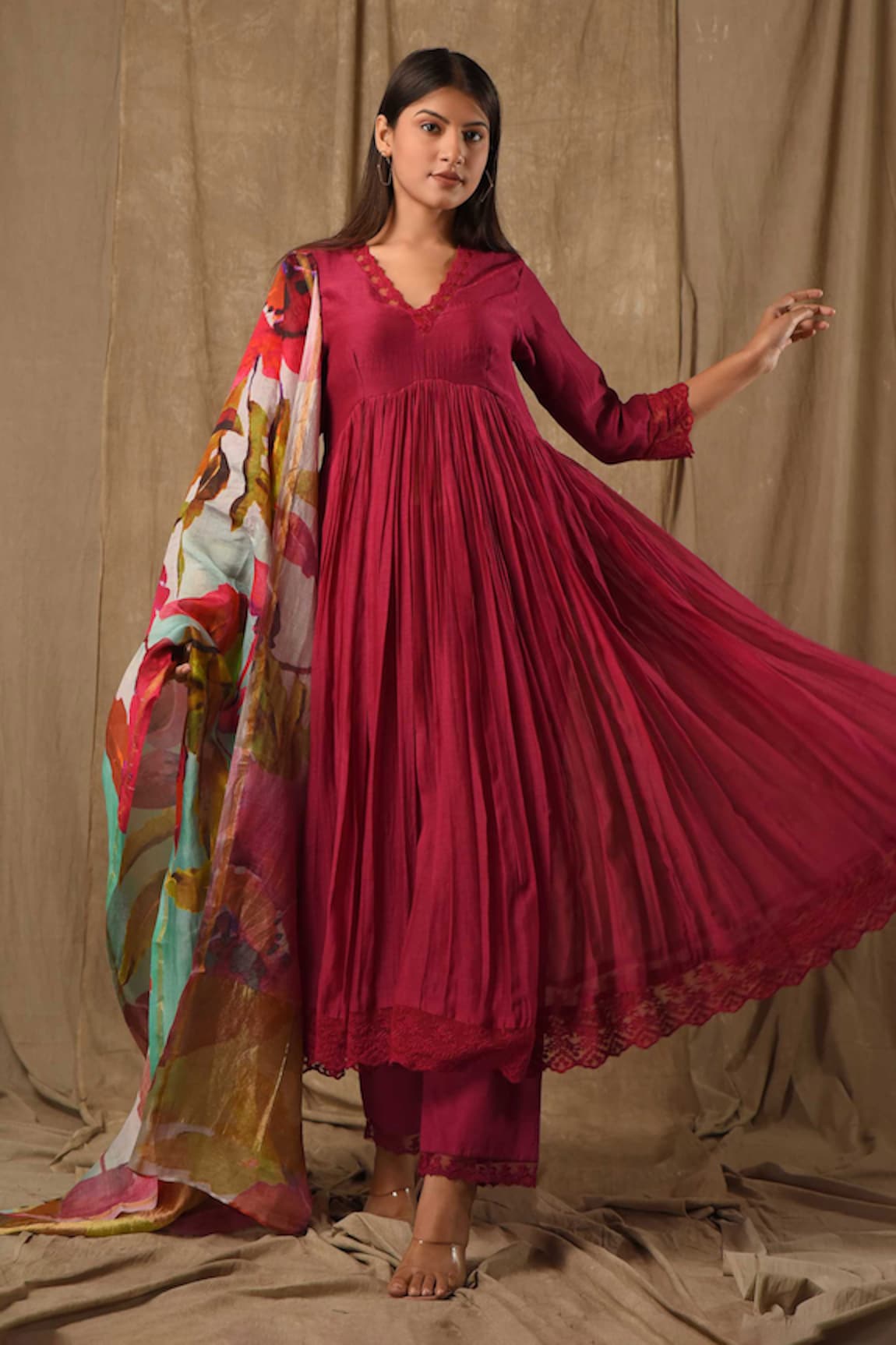 Gulabik Jaipur Schiffli Bloom Lace Embellished Anarkali Set