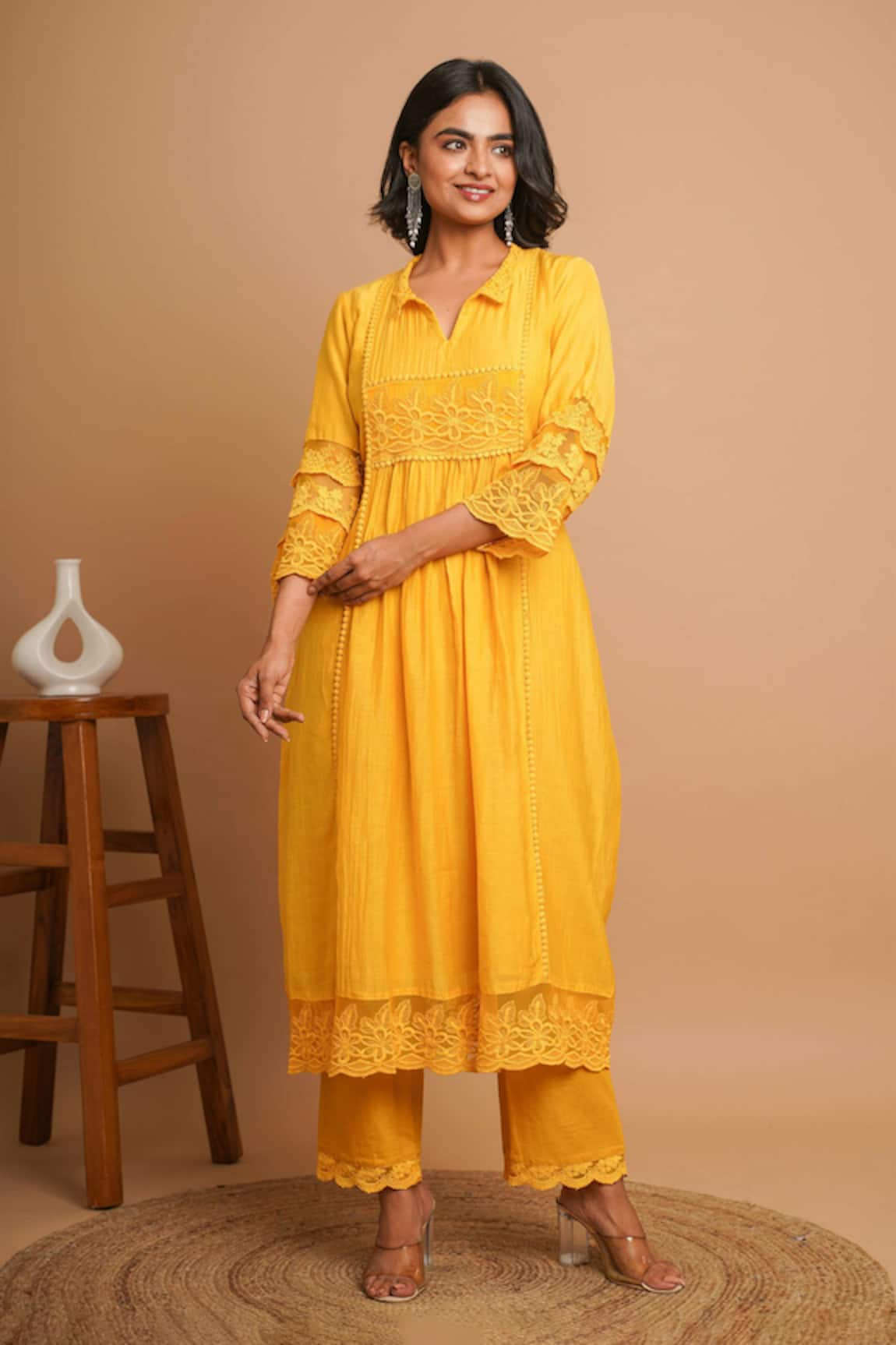 Gulabik Jaipur Buttercup Lace Embellished Collared Kurta With Pant