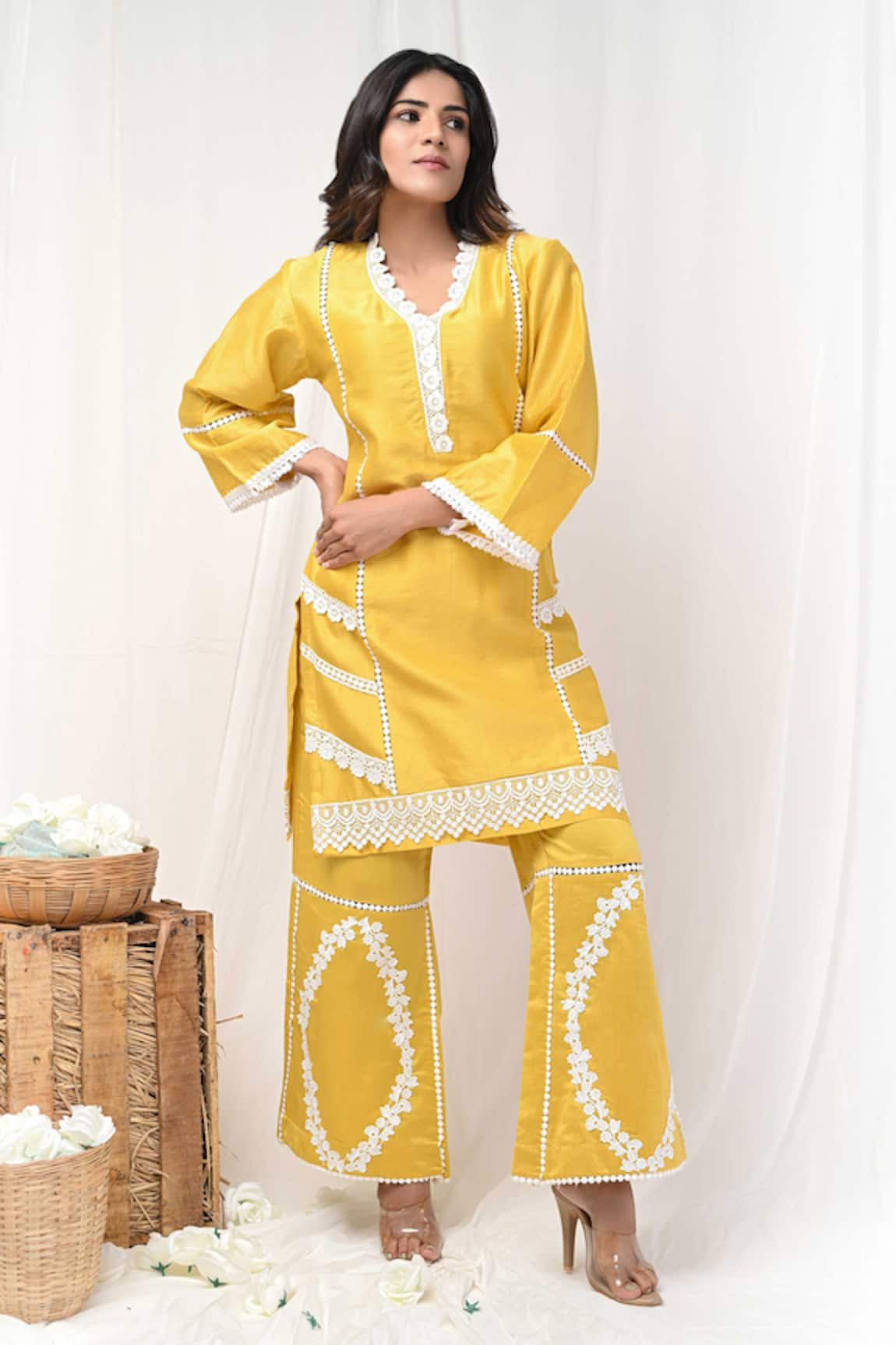 Gulabik Jaipur Flowery Lace Embellished Kurta With Pant