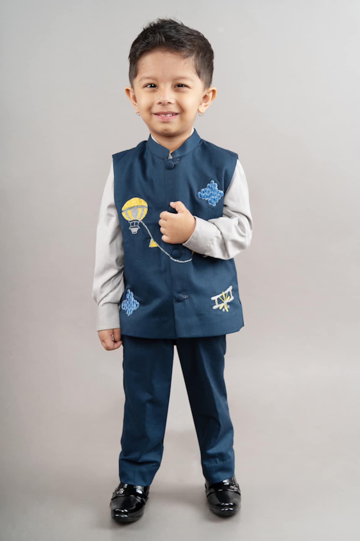 Little Brats Patchwork Embroidered Bundi & Shirt Set