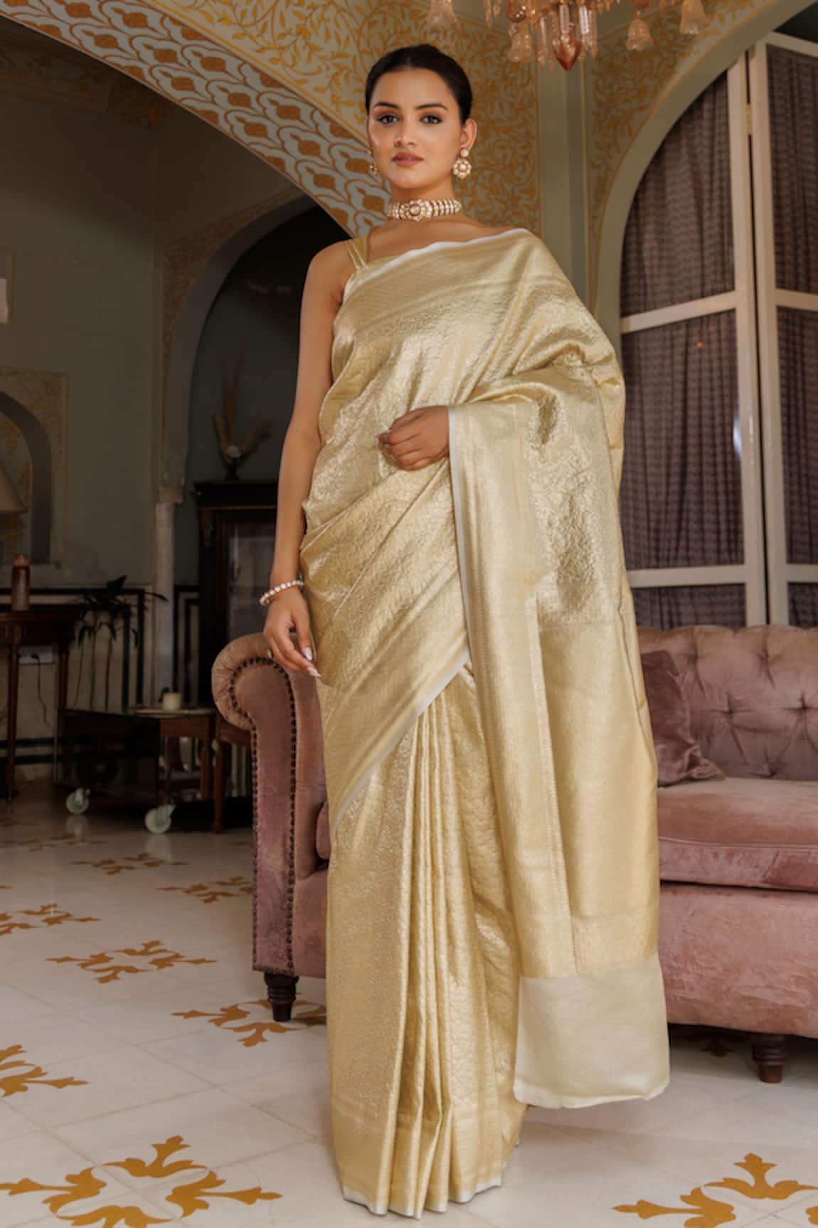 Geroo Jaipur Leaf Woven Saree With Unstitched Blouse Piece