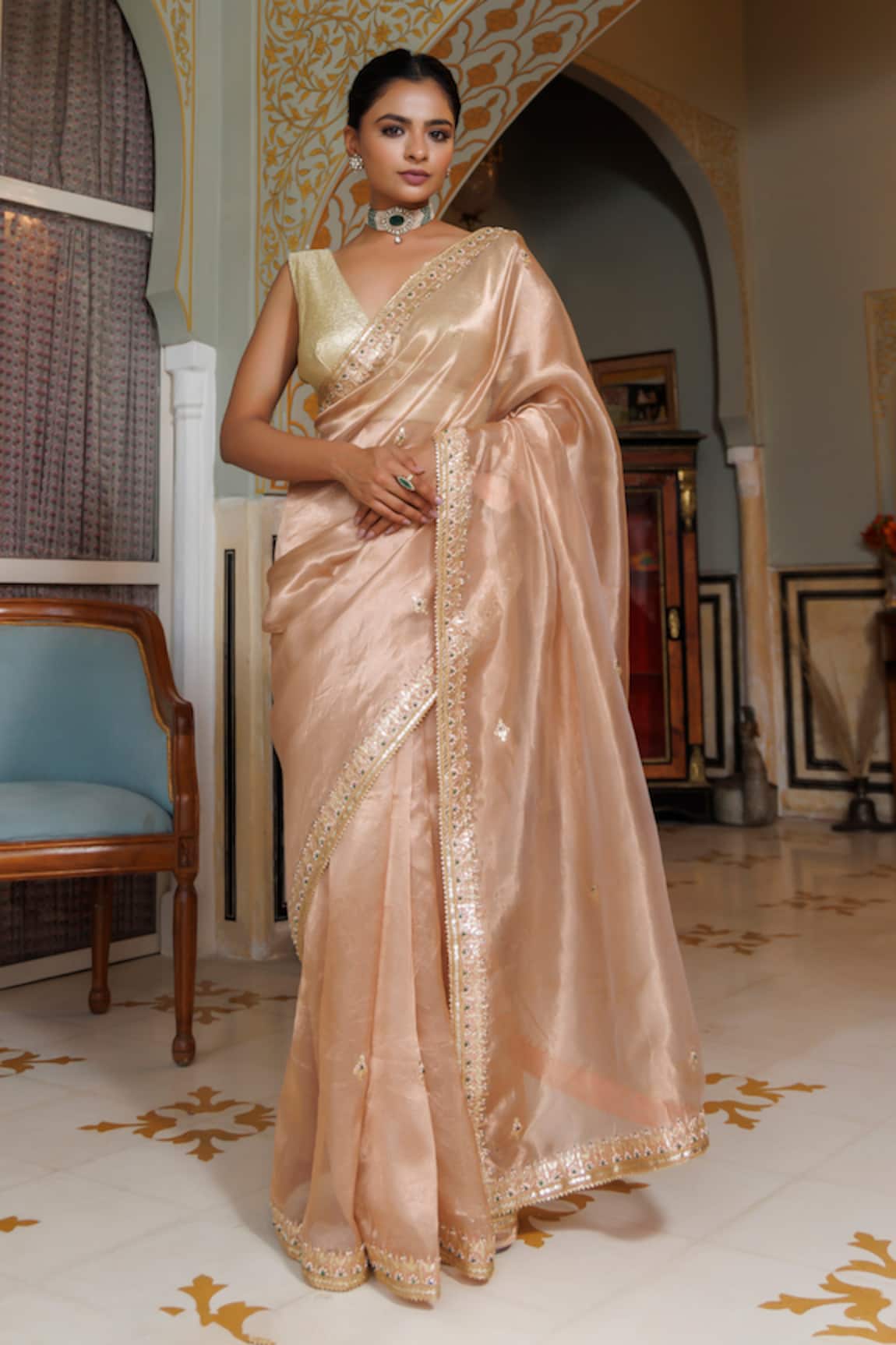 Geroo Jaipur Pure Banarasi Tissue Gota Patti Saree With Unstitched Blouse Piece