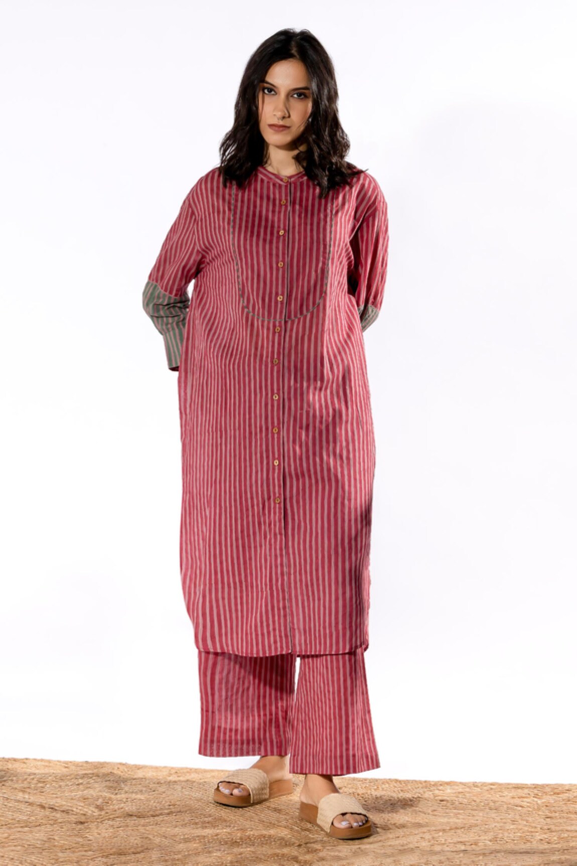 Pants and Pajamas Stripe Block Printed Button Down Kurta