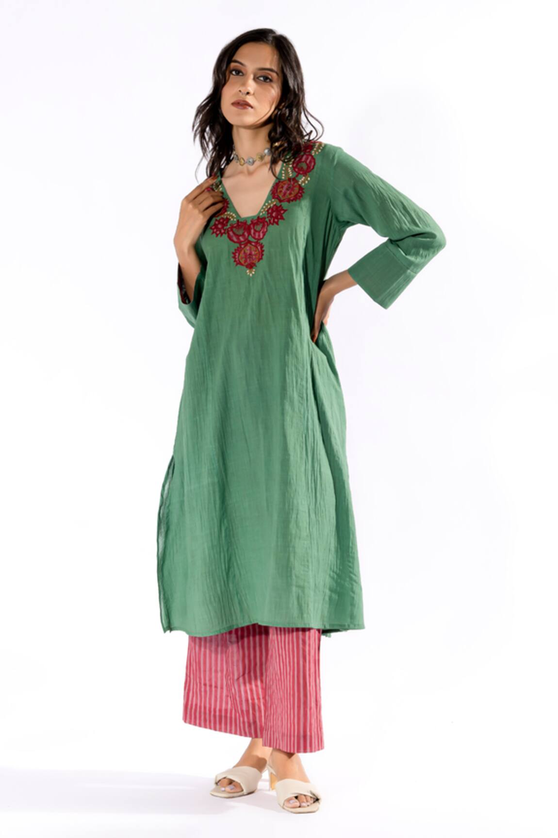 Pants and Pajamas Floral Applique Work Long Kurta