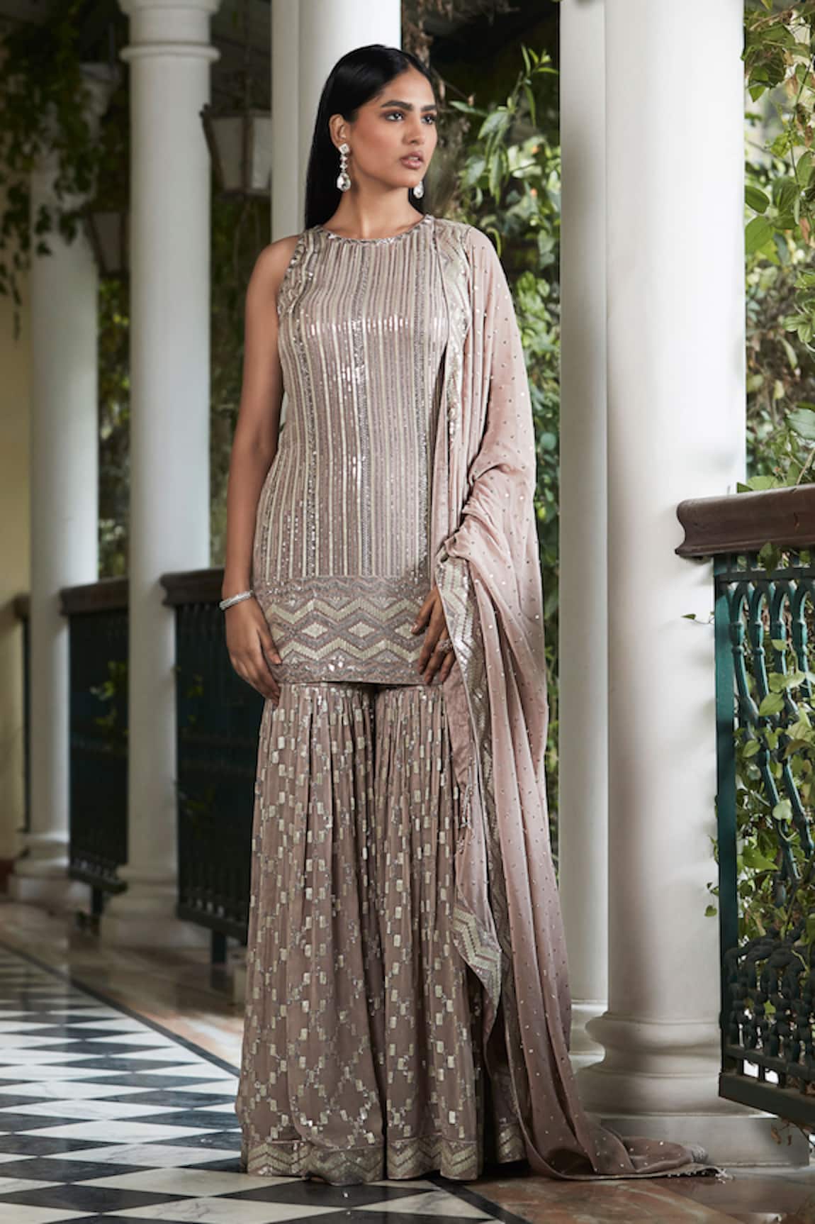 Basanti - Kapde Aur Koffee Sequin Stripe Embellished Kurta Sharara Set