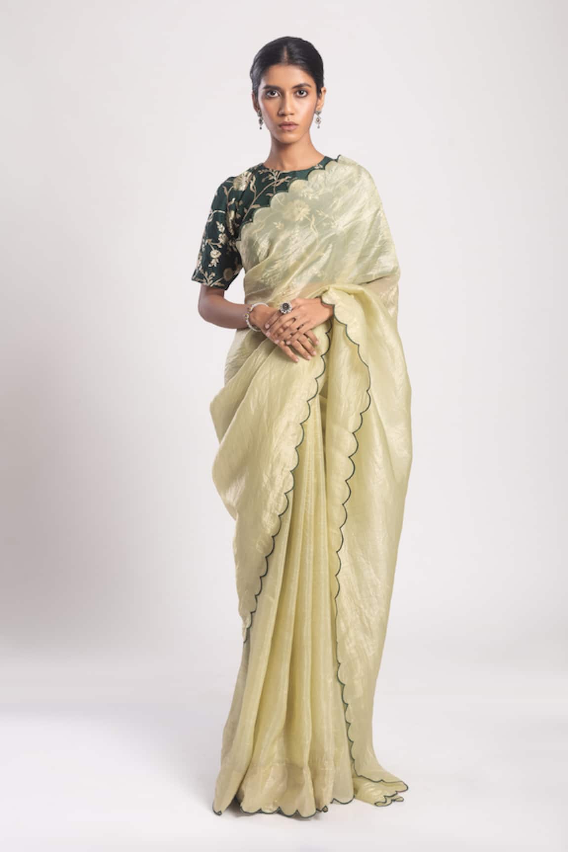 Tuli Pastel Green Scallop Trimmed Saree & Blouse 
