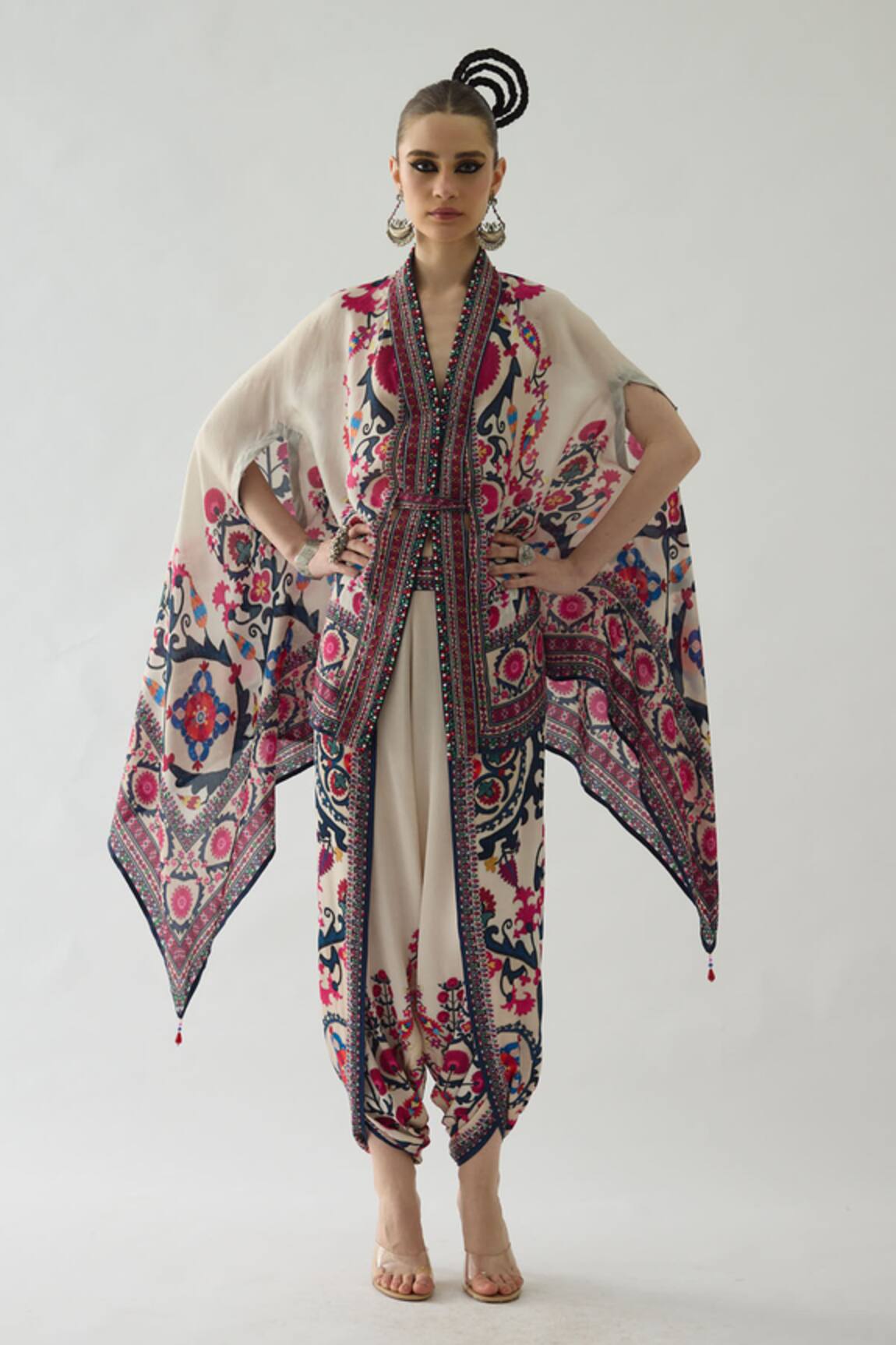 Rajdeep Ranawat Chloe Fleur Garden Print Front Open Cape With Belt 